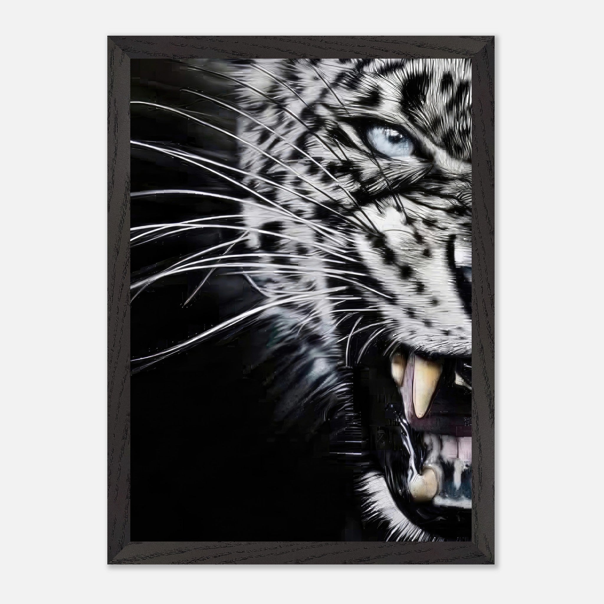 Close-up portrait of a leopard showing fierce expression and piercing blue eyes in vintage frame.