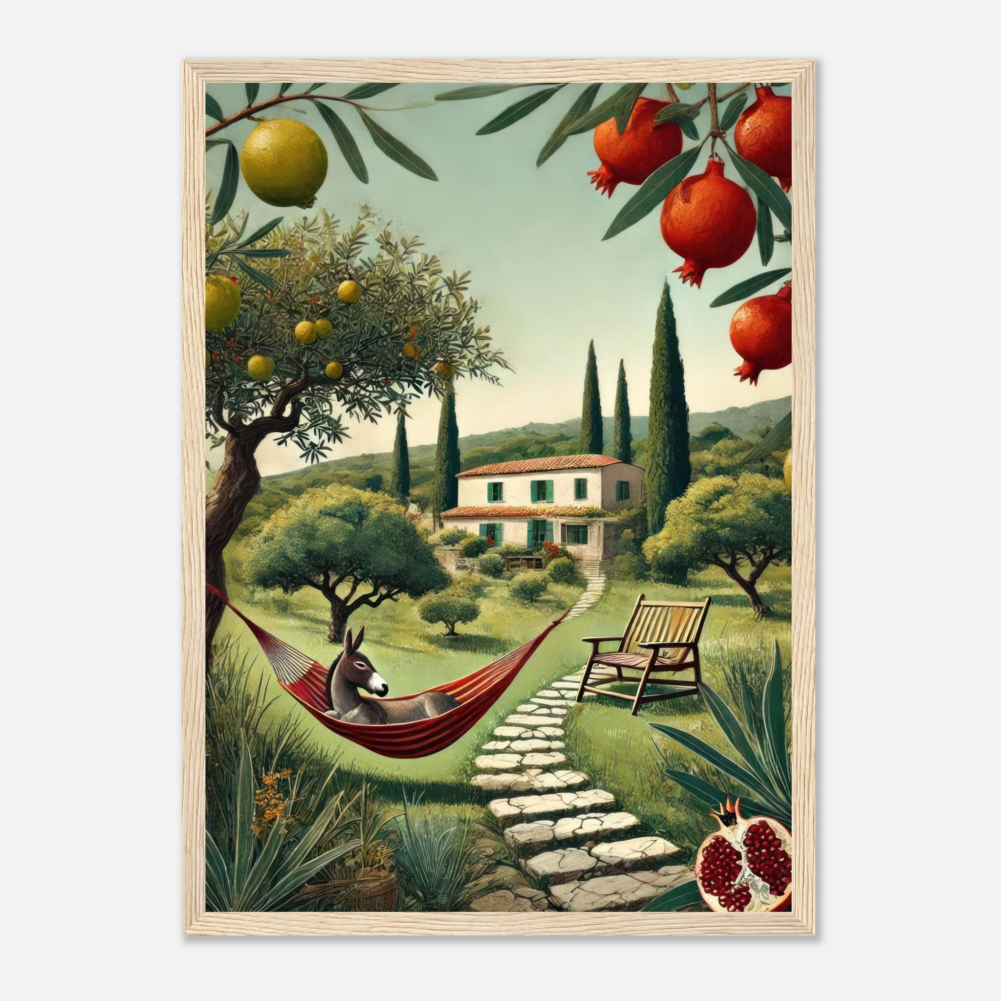 Framed print of a Mediterranean landscape with a donkey in a hammock, lush greenery, and a charming villa.