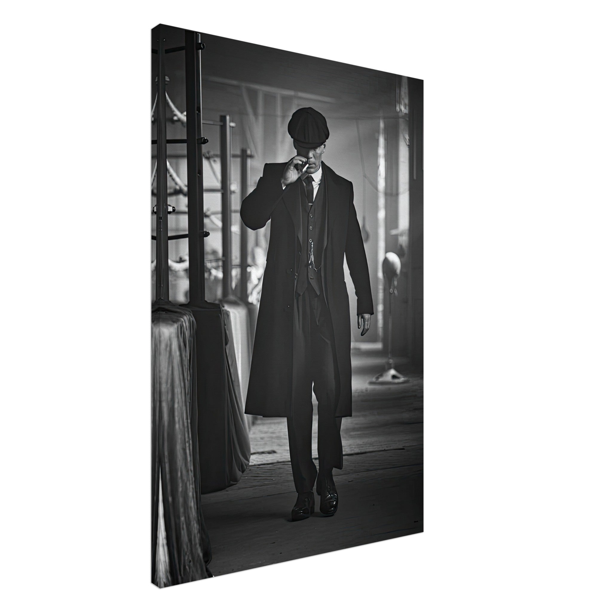 Tommy Shelby from Peaky Blinders in black and white canvas art, exuding charisma and vintage gangster style.
