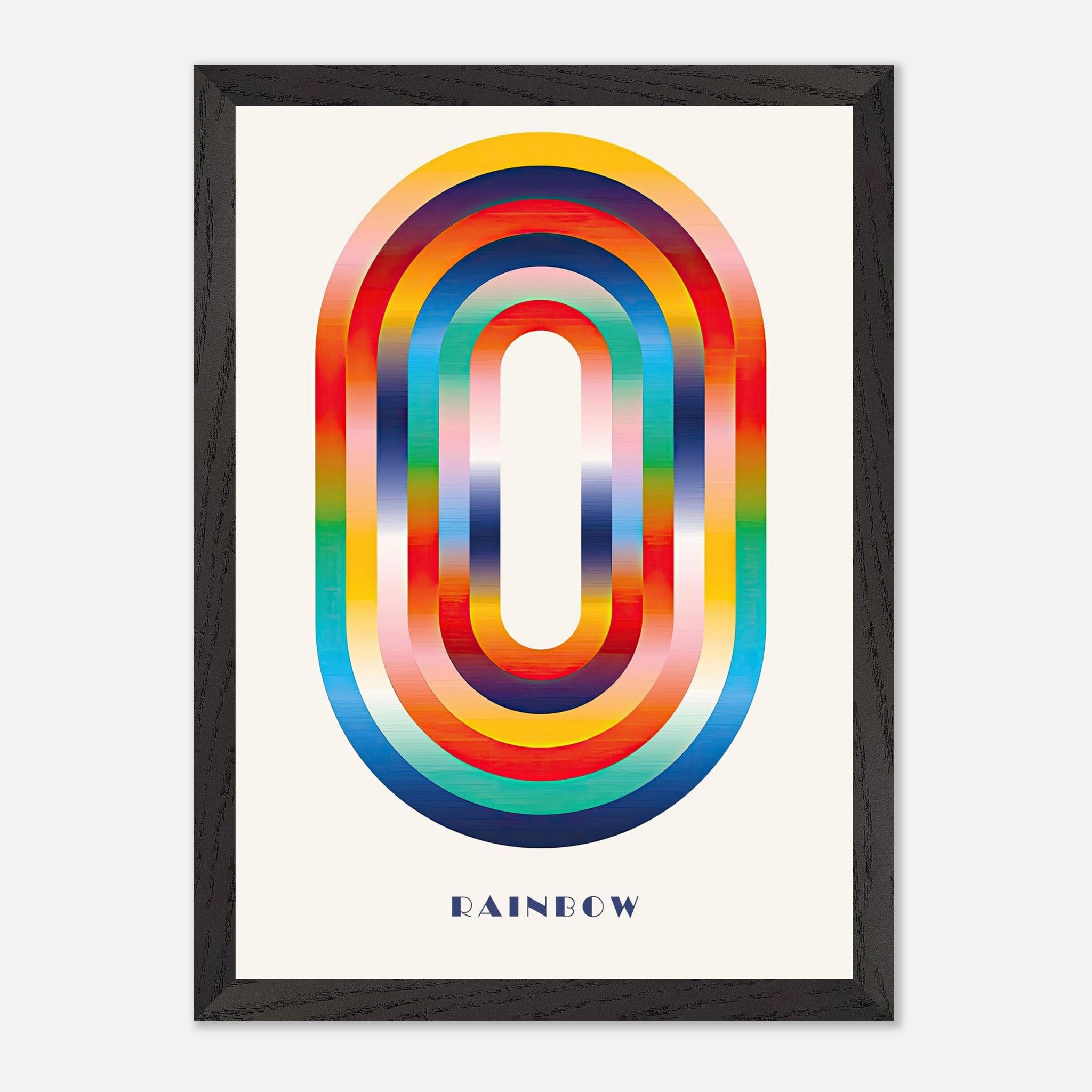 Abstract rainbow geometric art print in a black frame, featuring vibrant colors in a bold oval design.