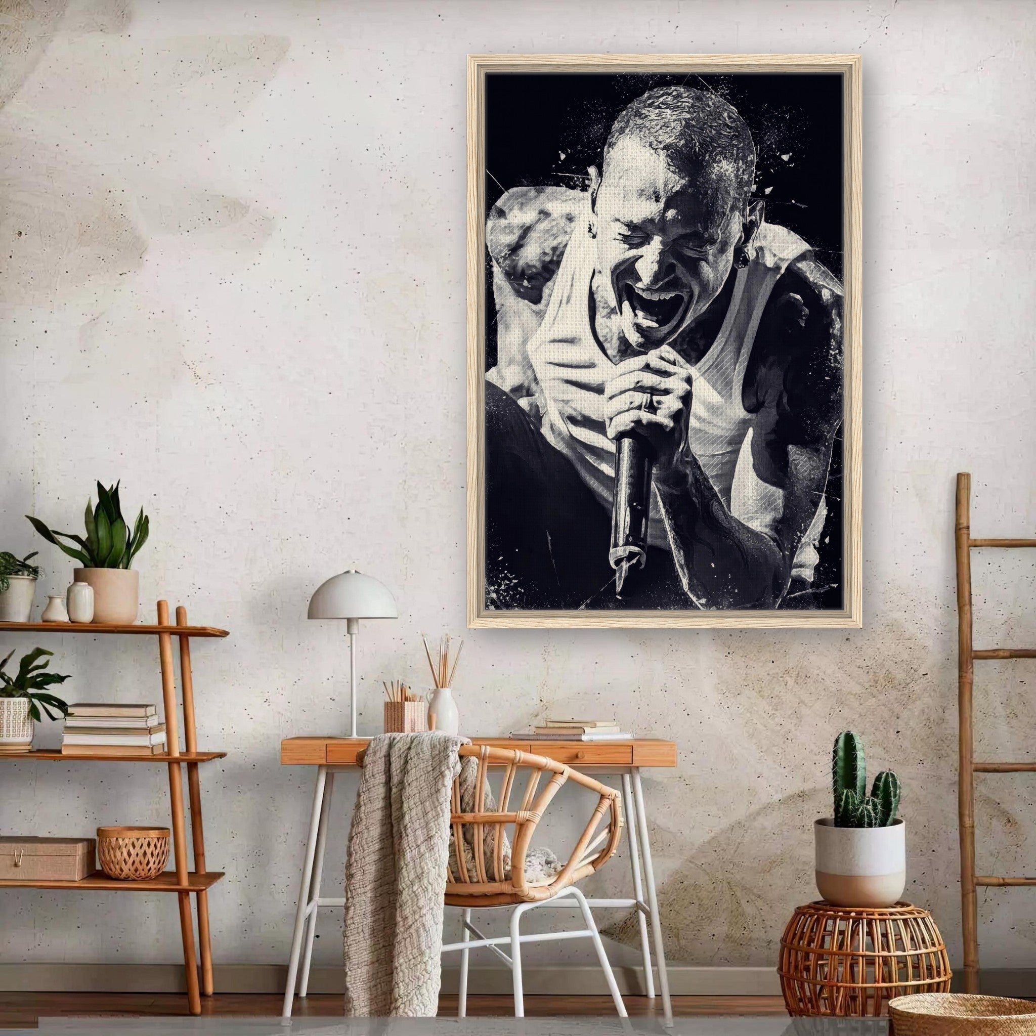 Chester Bennington framed canvas print in modern decor, showcasing the powerful rock vocalist's emotional performance.