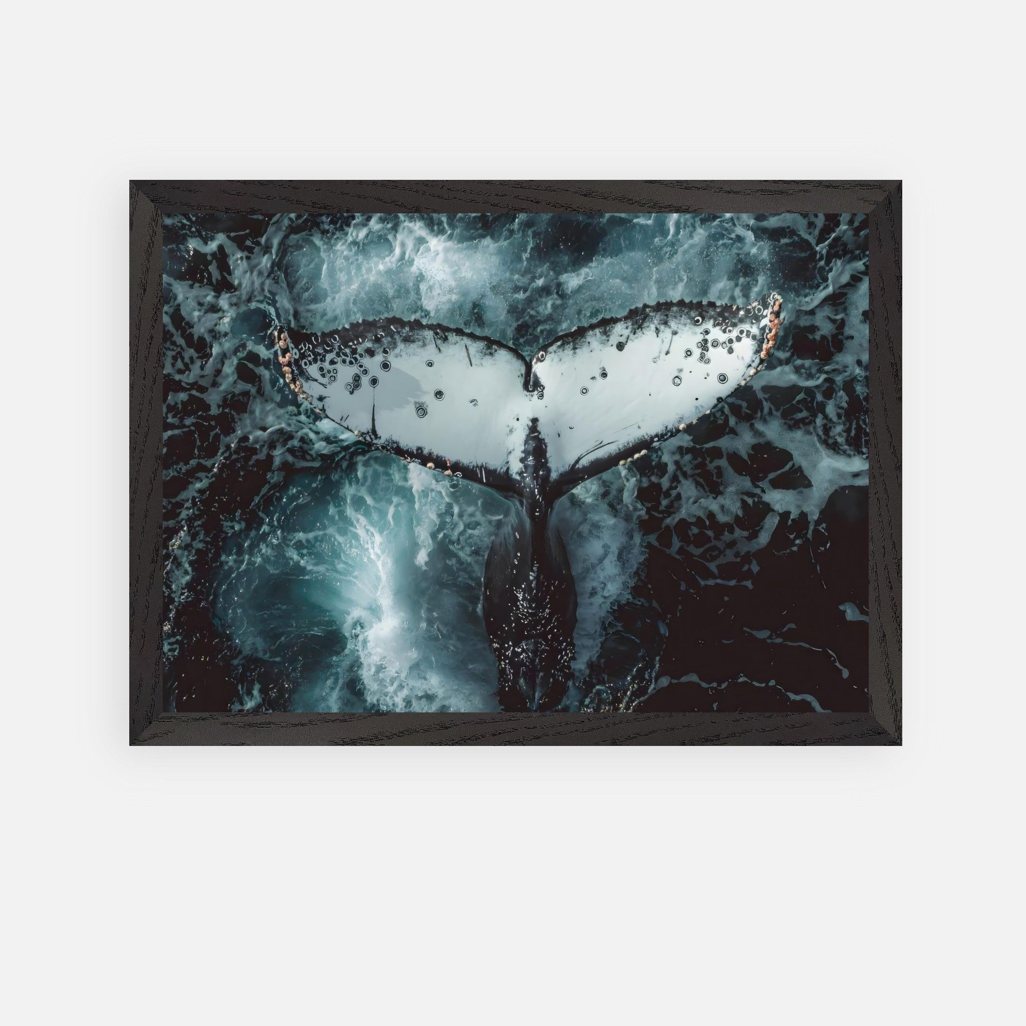 Vintage framed art of a humpback whale tail above ocean waves, showcasing nature's beauty.