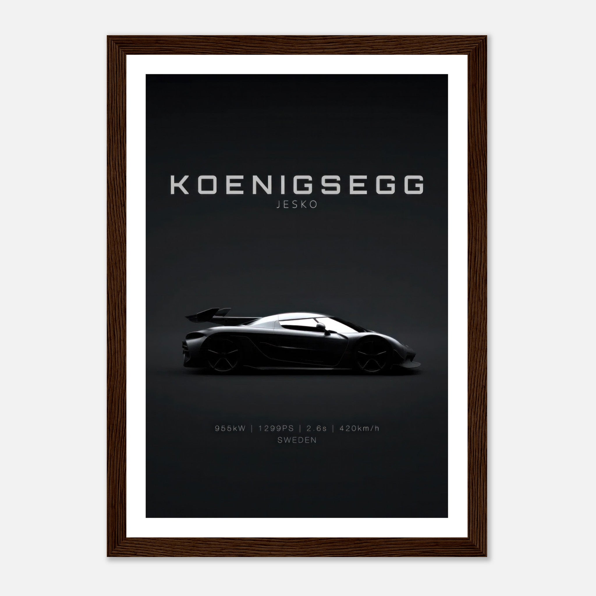 Koenigsegg Jesko framed poster showcasing the hypercar's sleek design against a minimalist black background.