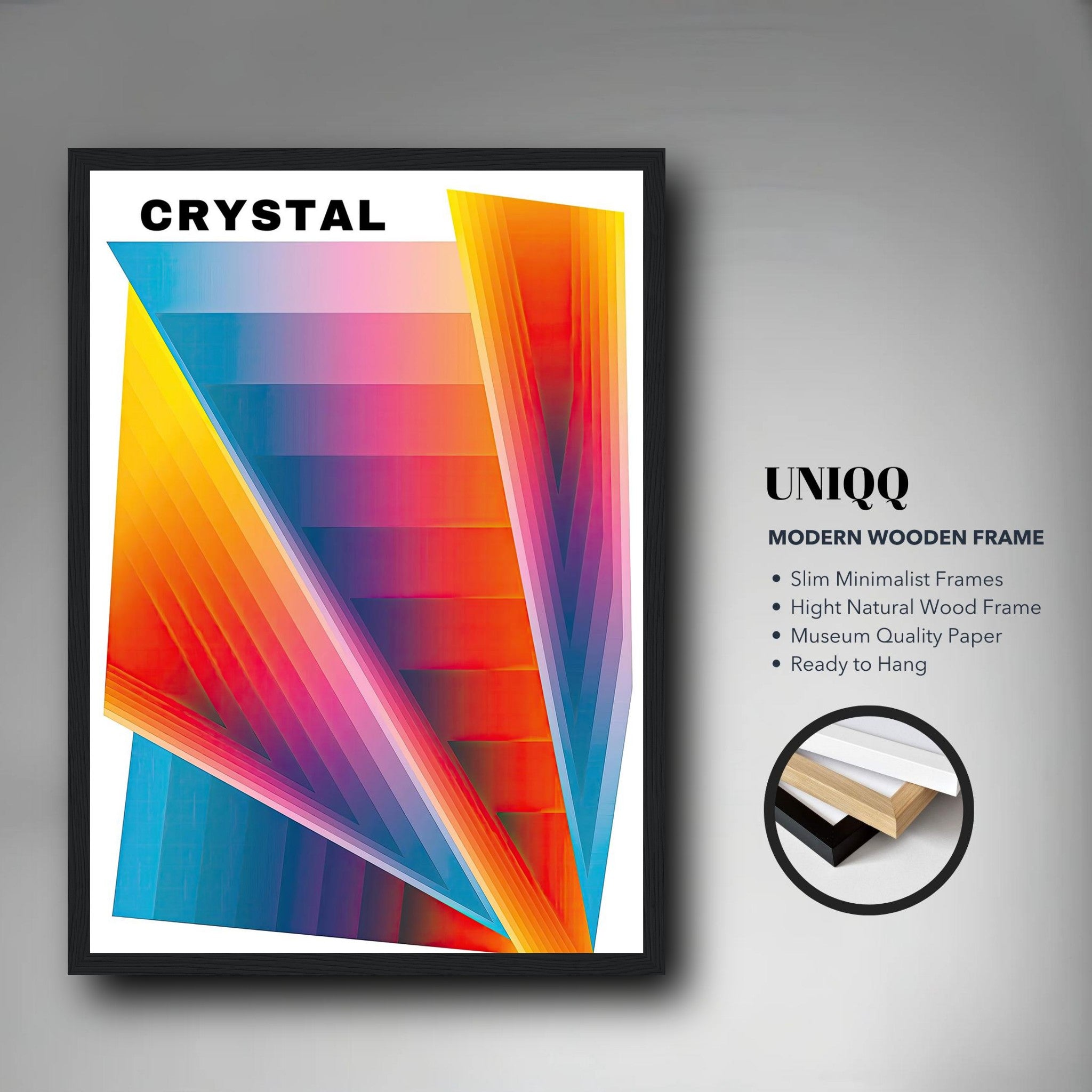 Crystal Abstract Art framed print showcasing vibrant geometric patterns and colors in a minimalist wooden frame.