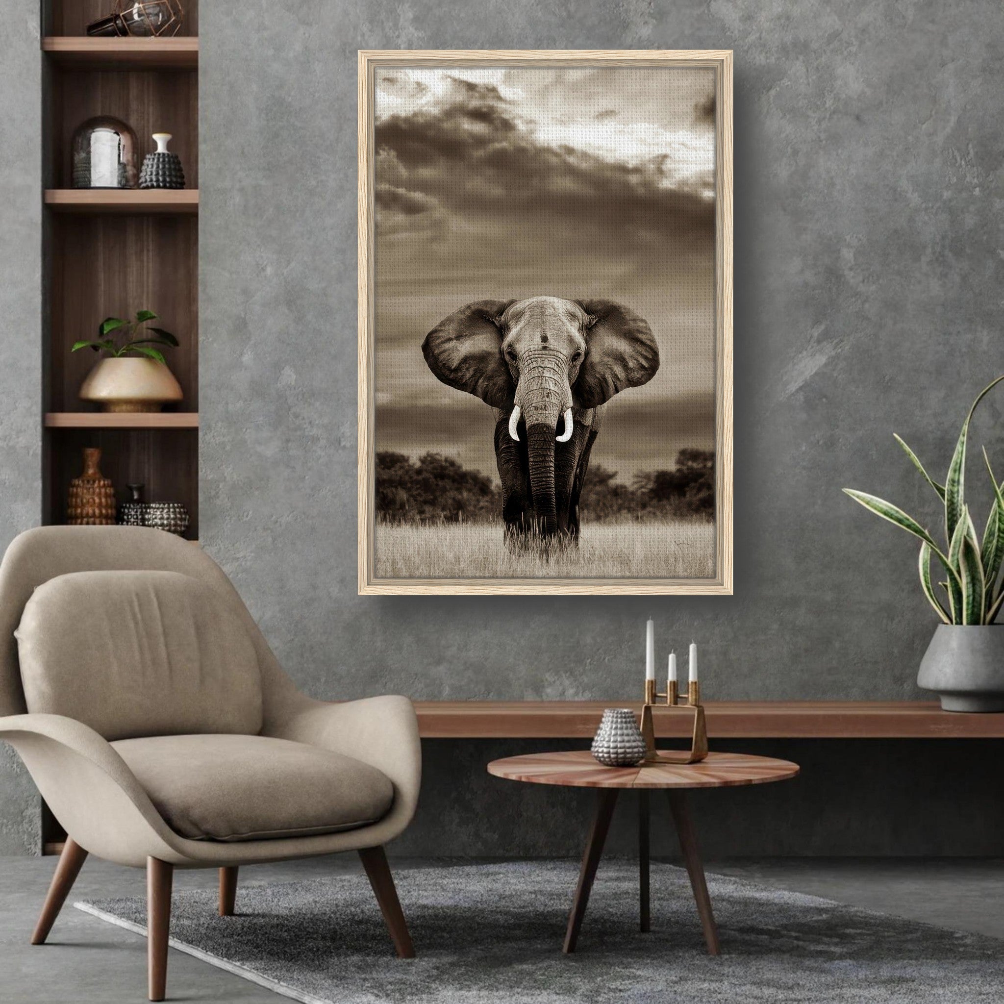 Framed canvas print of an elephant portrait in a modern living room setting, showcasing its majesty and detail.