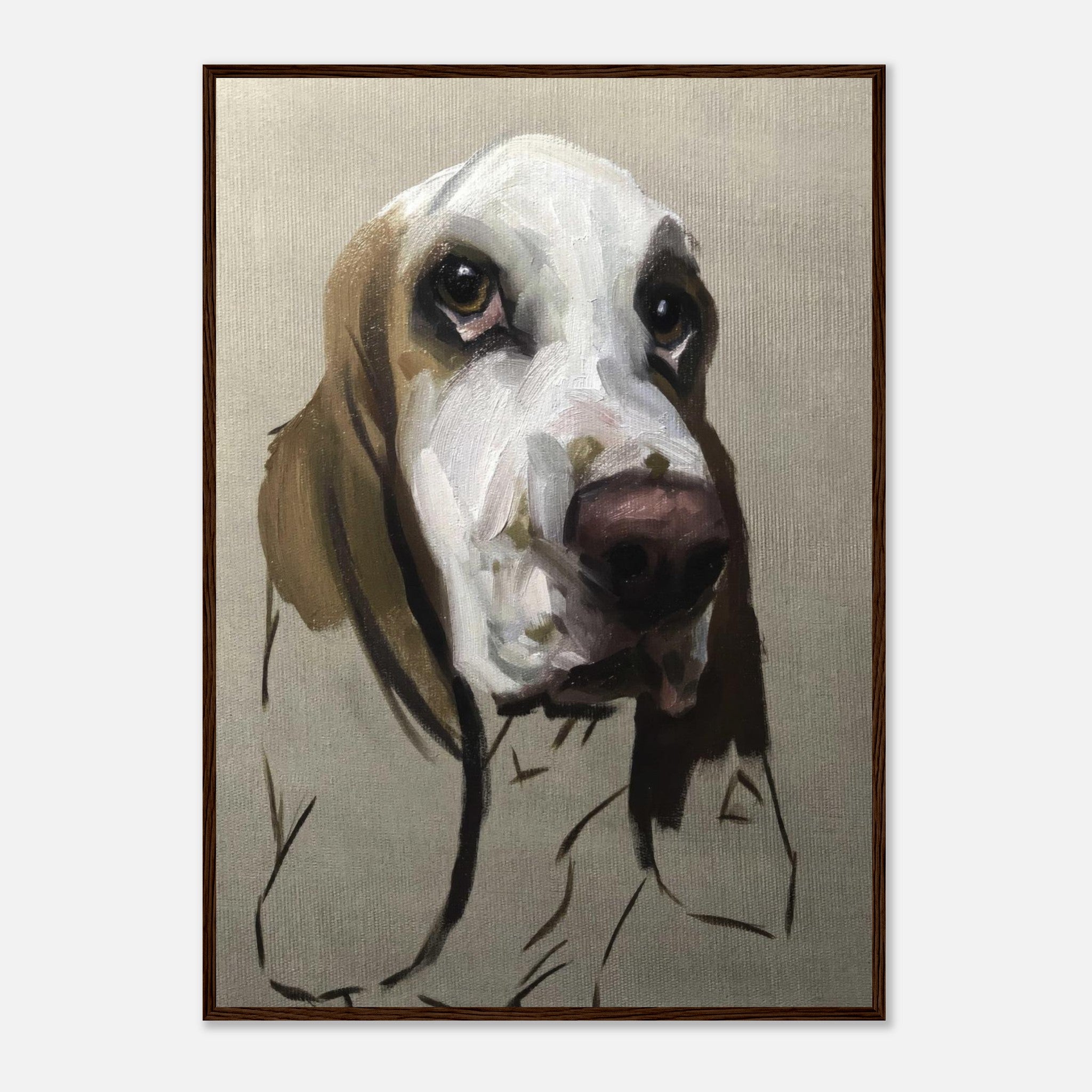 Basset Hound dog painting framed print showcasing expressive brushwork and soulful eyes.