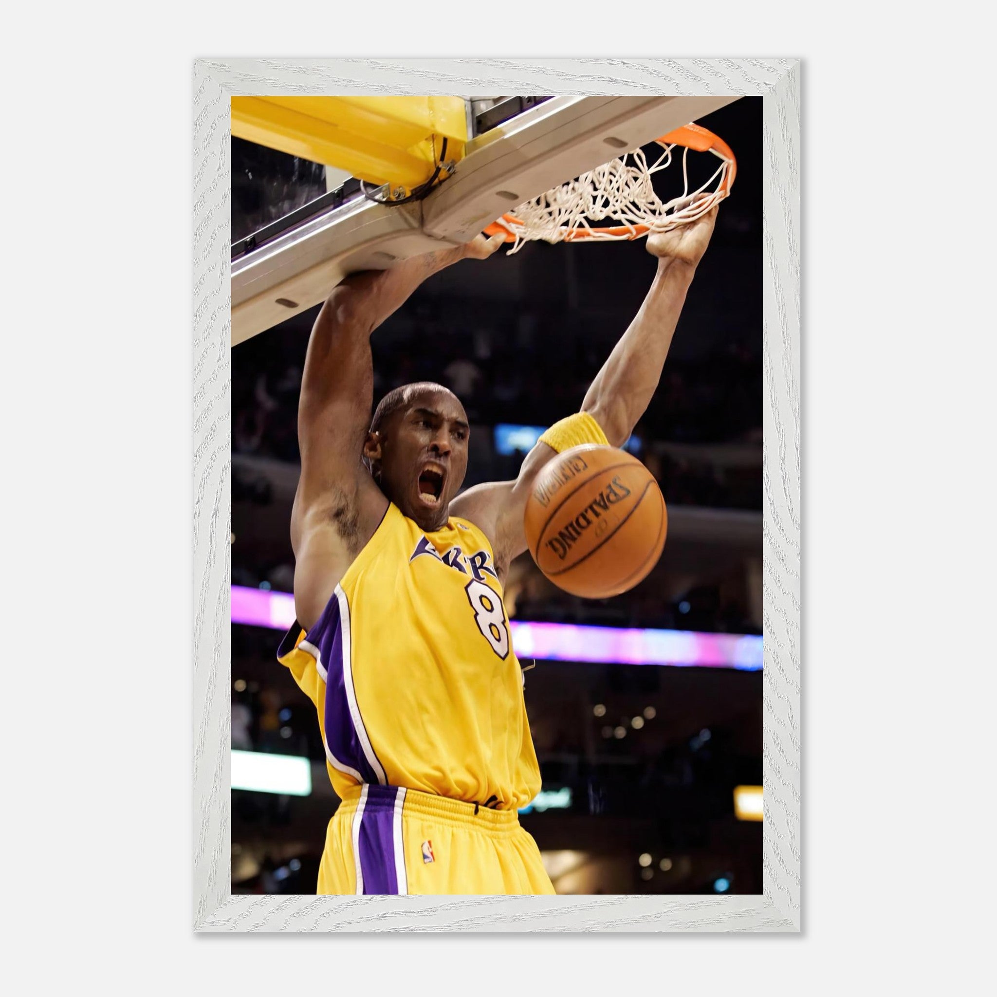 Kobe Bryant's electrifying slam dunk in Lakers jersey captured in fine art print.