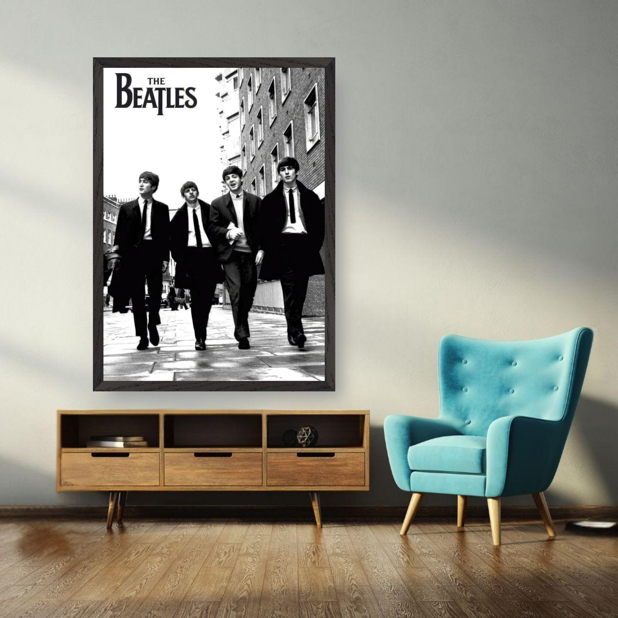 The Beatles fine art print in a modern living room, showcasing museum-quality Giclée artwork.