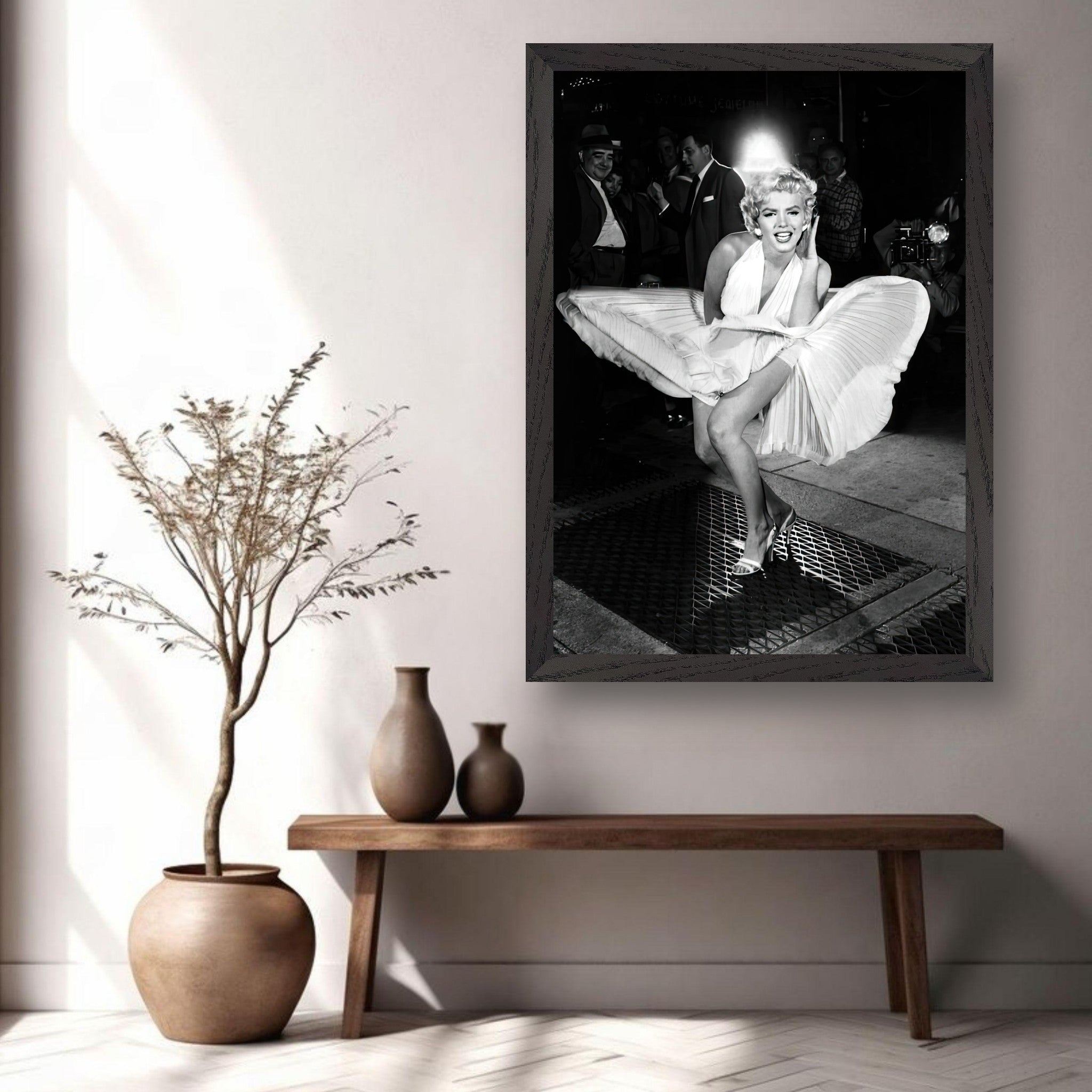 Marilyn Monroe vintage framed print in white dress, caught in wind, showcasing Hollywood glamour and timeless elegance.