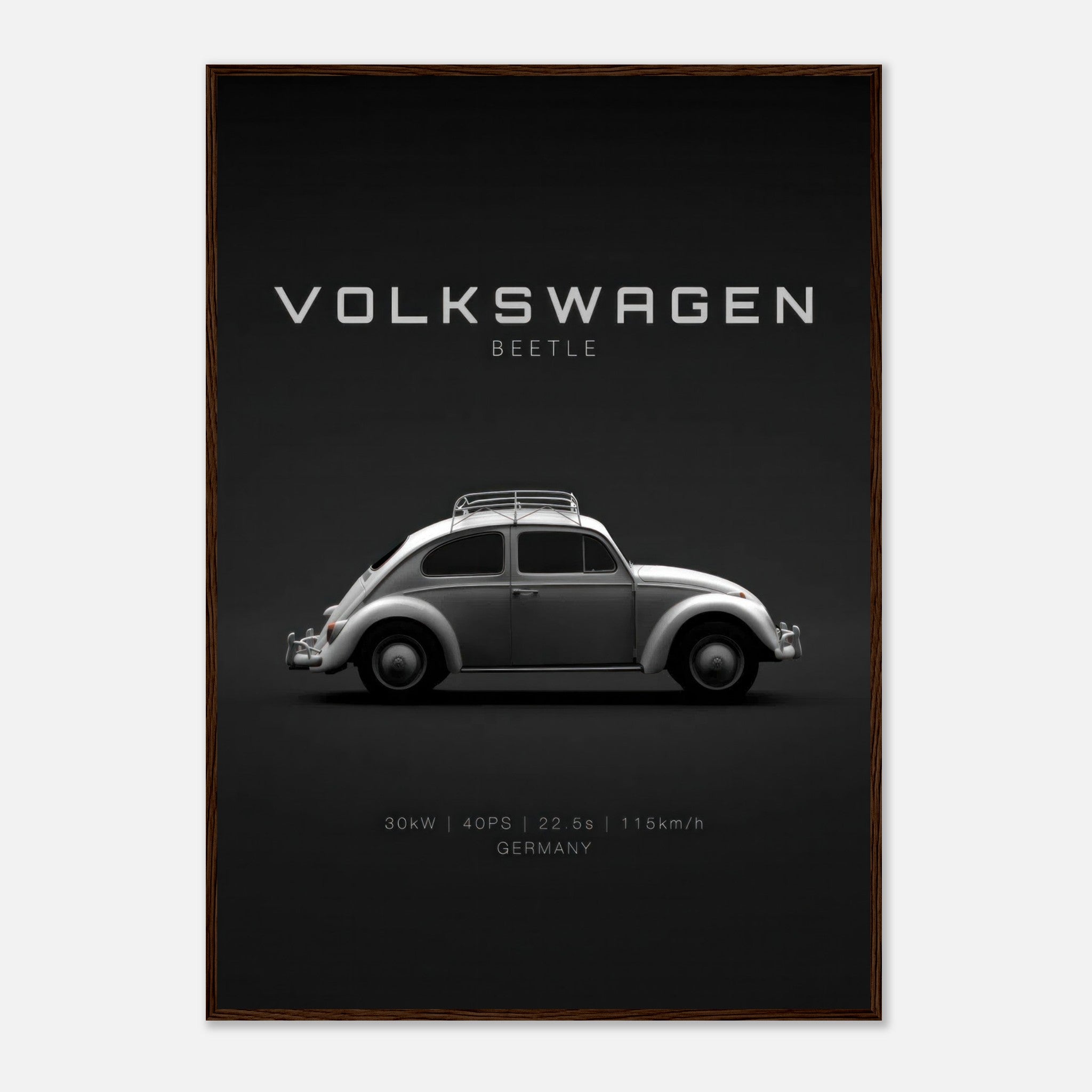 Volkswagen Beetle framed poster showcasing a sleek side view against a minimalist black background.