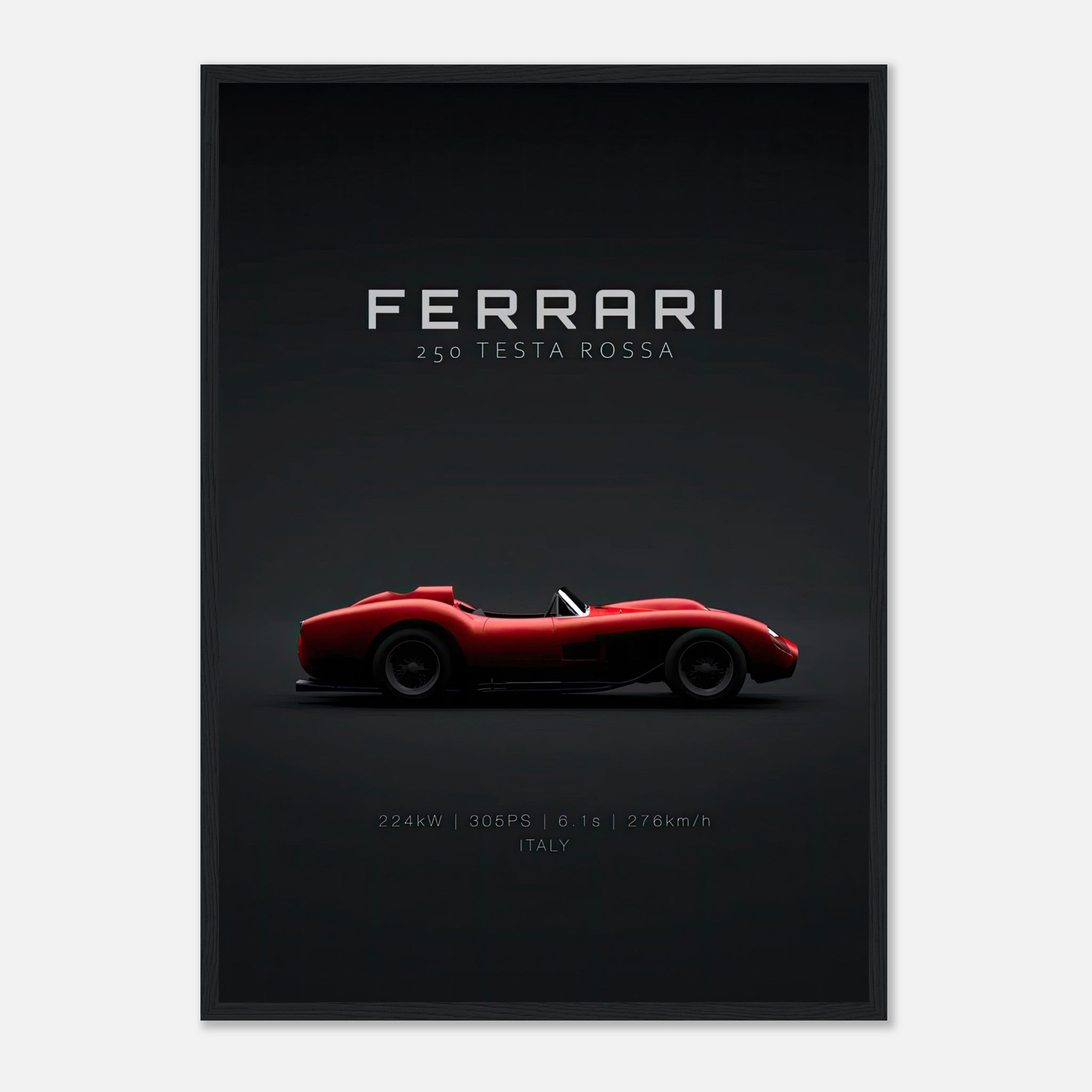 Ferrari 250 Testa Rossa framed poster showcasing a sleek side profile against a minimalist black background.