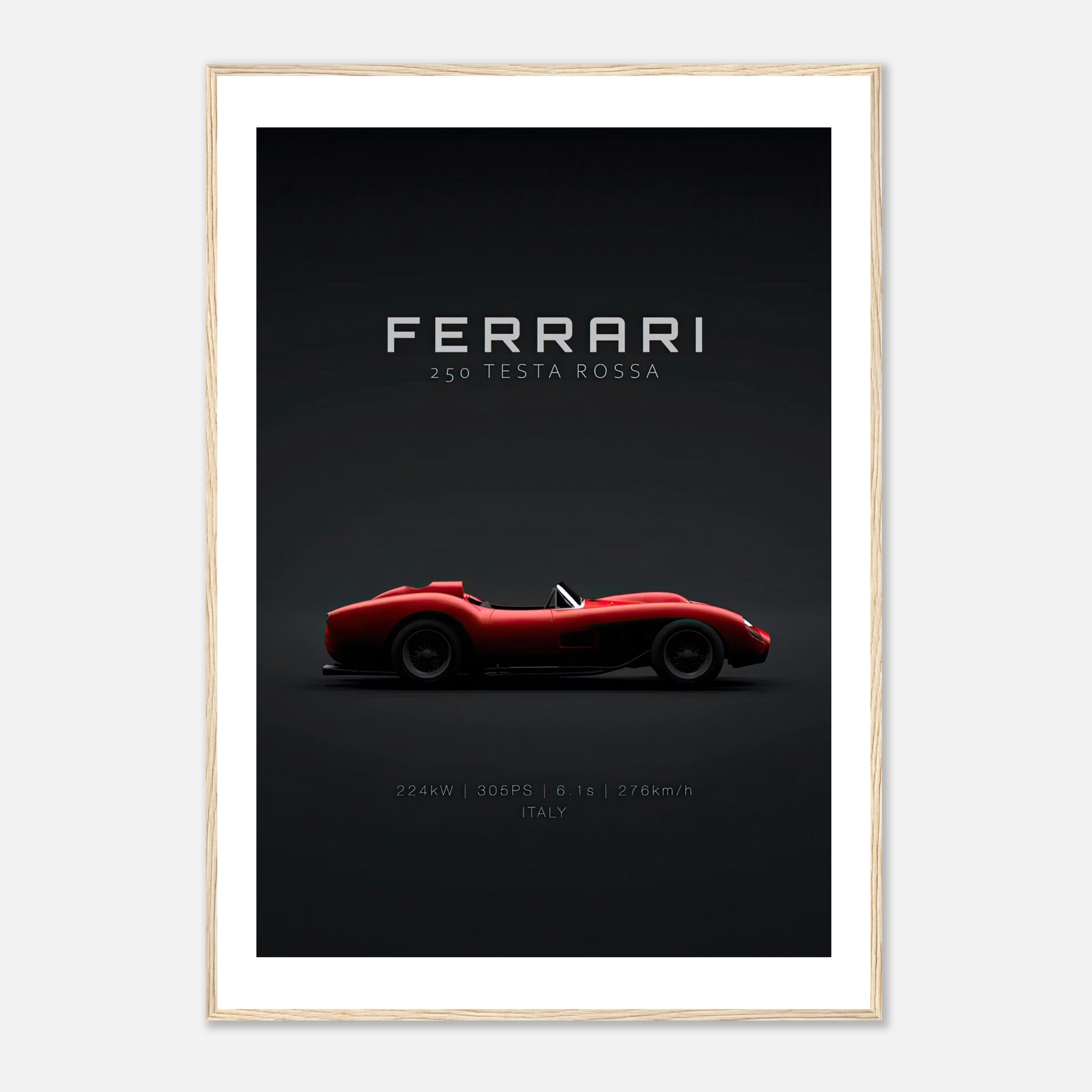Ferrari 250 Testa Rossa framed poster showcasing sleek side profile on a minimalist black background.