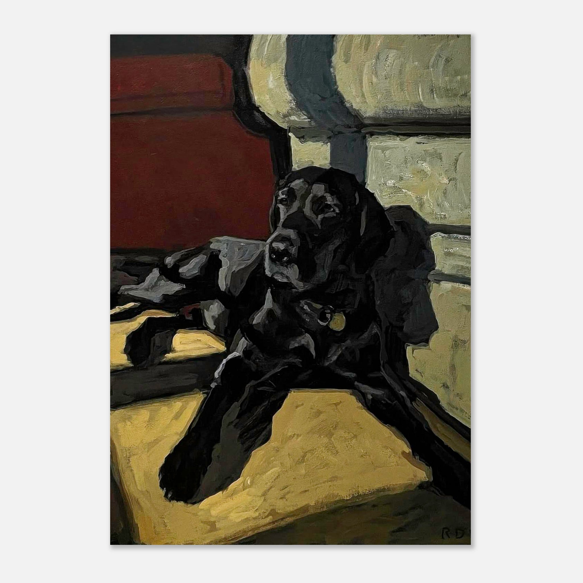 Black Labrador dog painting poster showcasing a relaxed Labrador illuminated in warm tones.