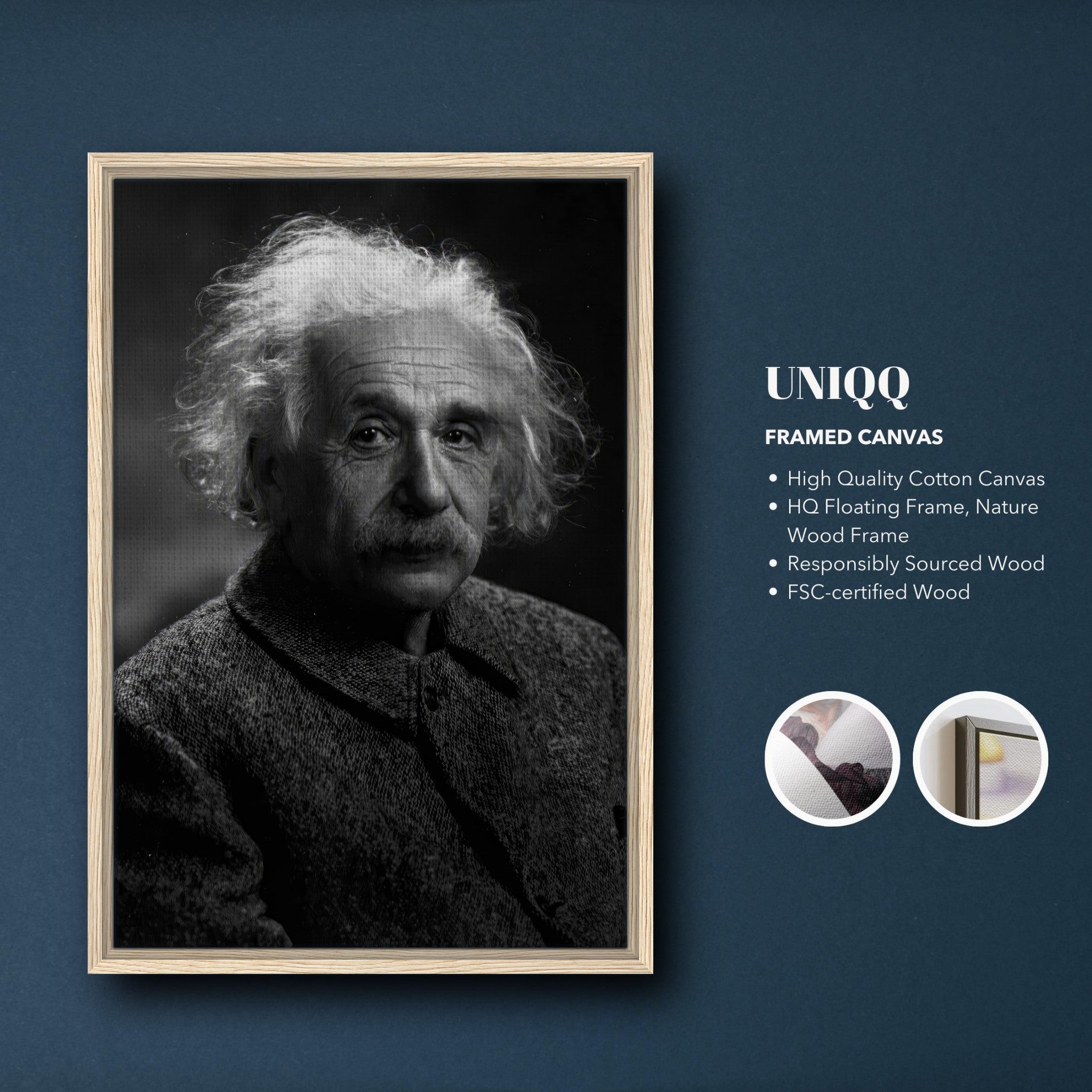 Framed canvas print of Albert Einstein in black and white, featuring high-quality materials and a nature wood frame.