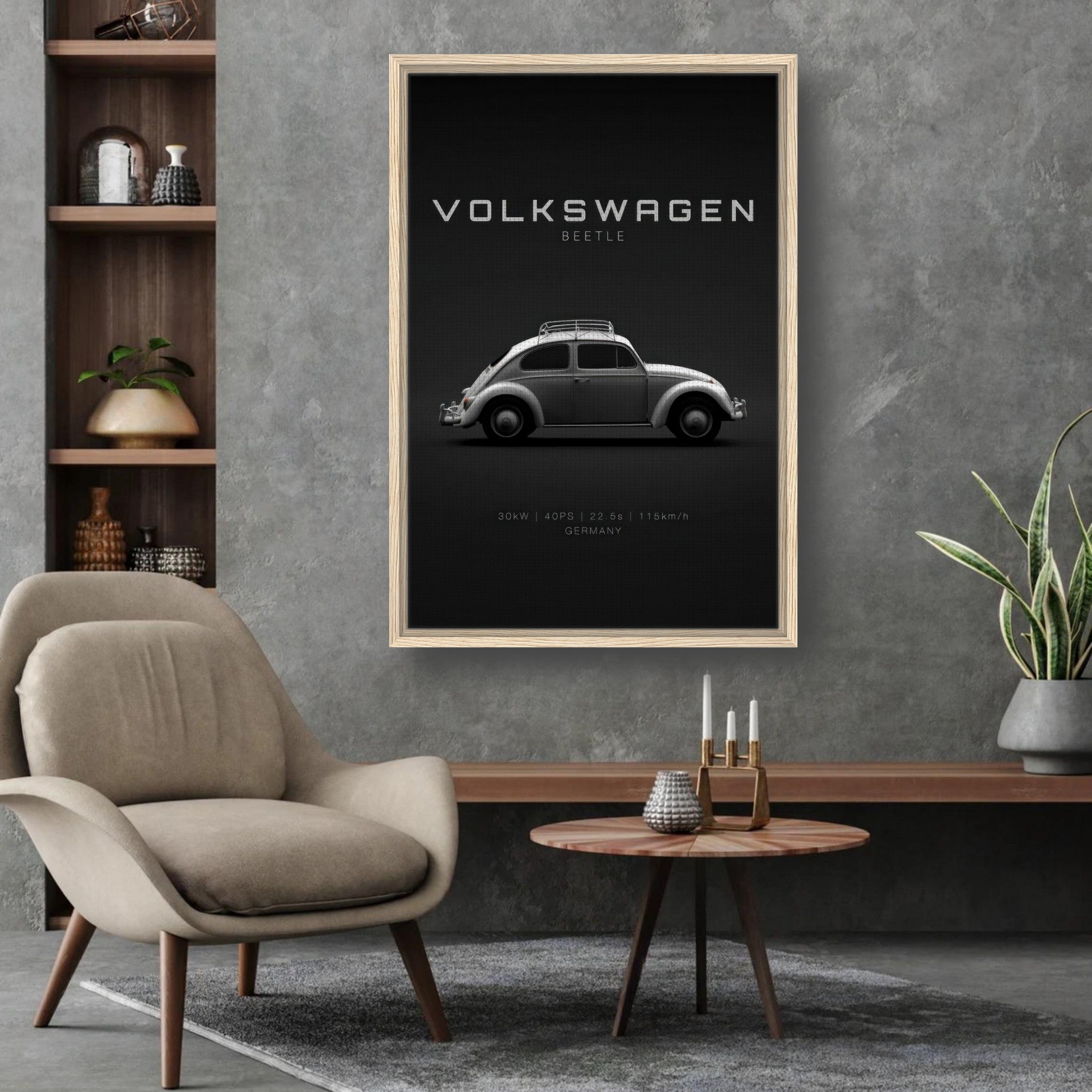 Volkswagen Beetle framed canvas artwork showcased in a stylish living room setting with minimalist decor.