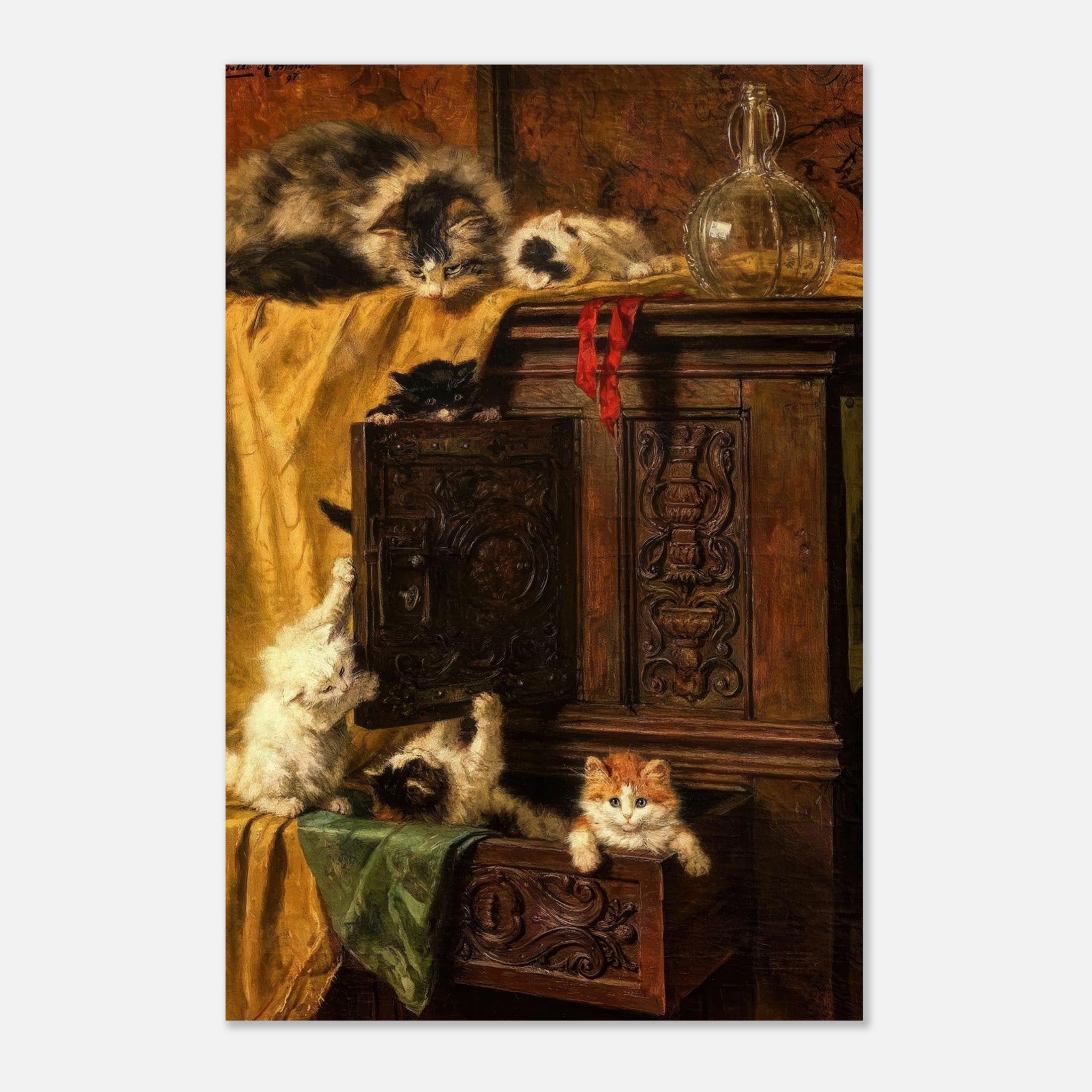 Vintage cat painting metal print featuring playful kittens exploring an antique cabinet, rich warm tones.