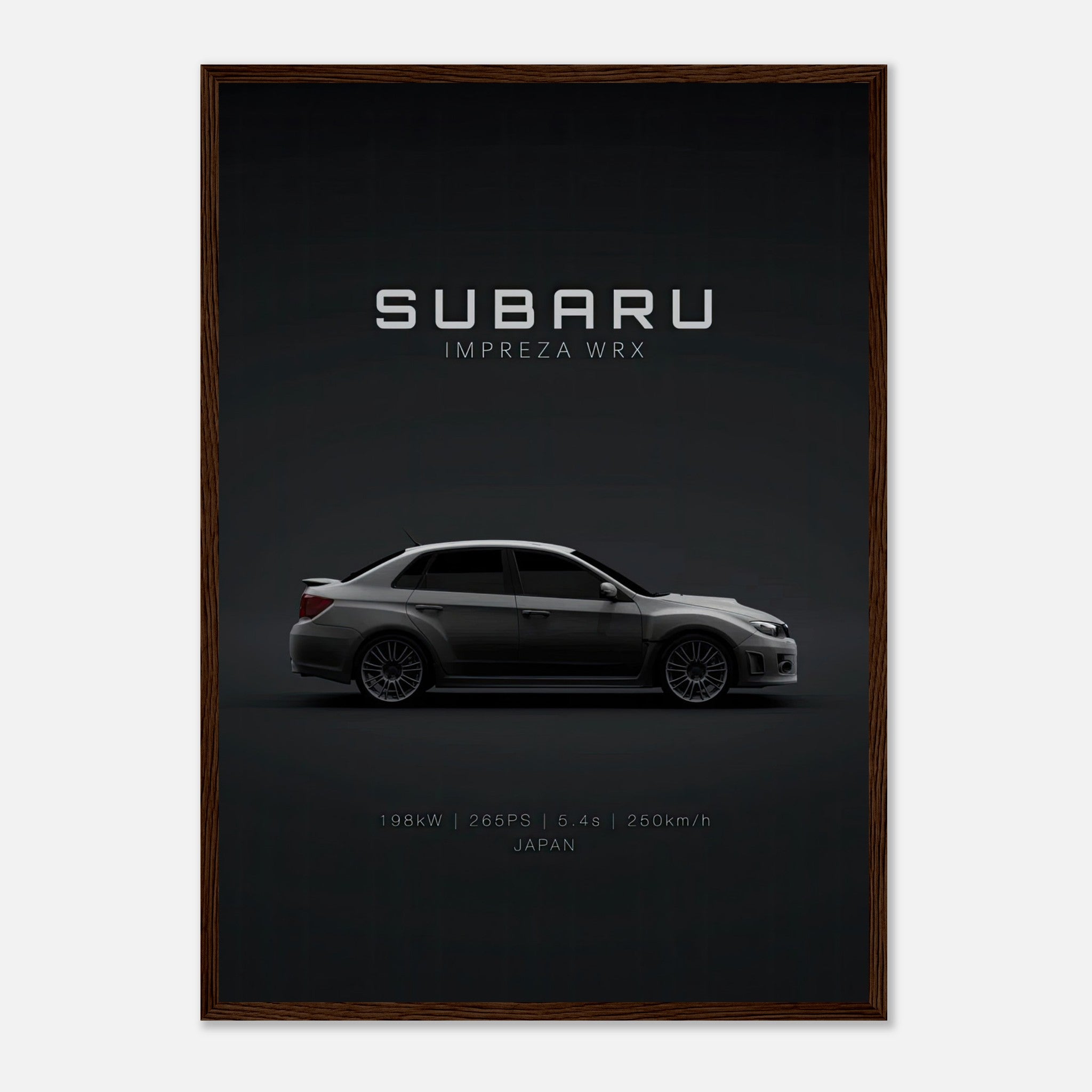 Subaru WRX framed poster showcasing sleek, minimalist design of the Impreza WRX in dark background.
