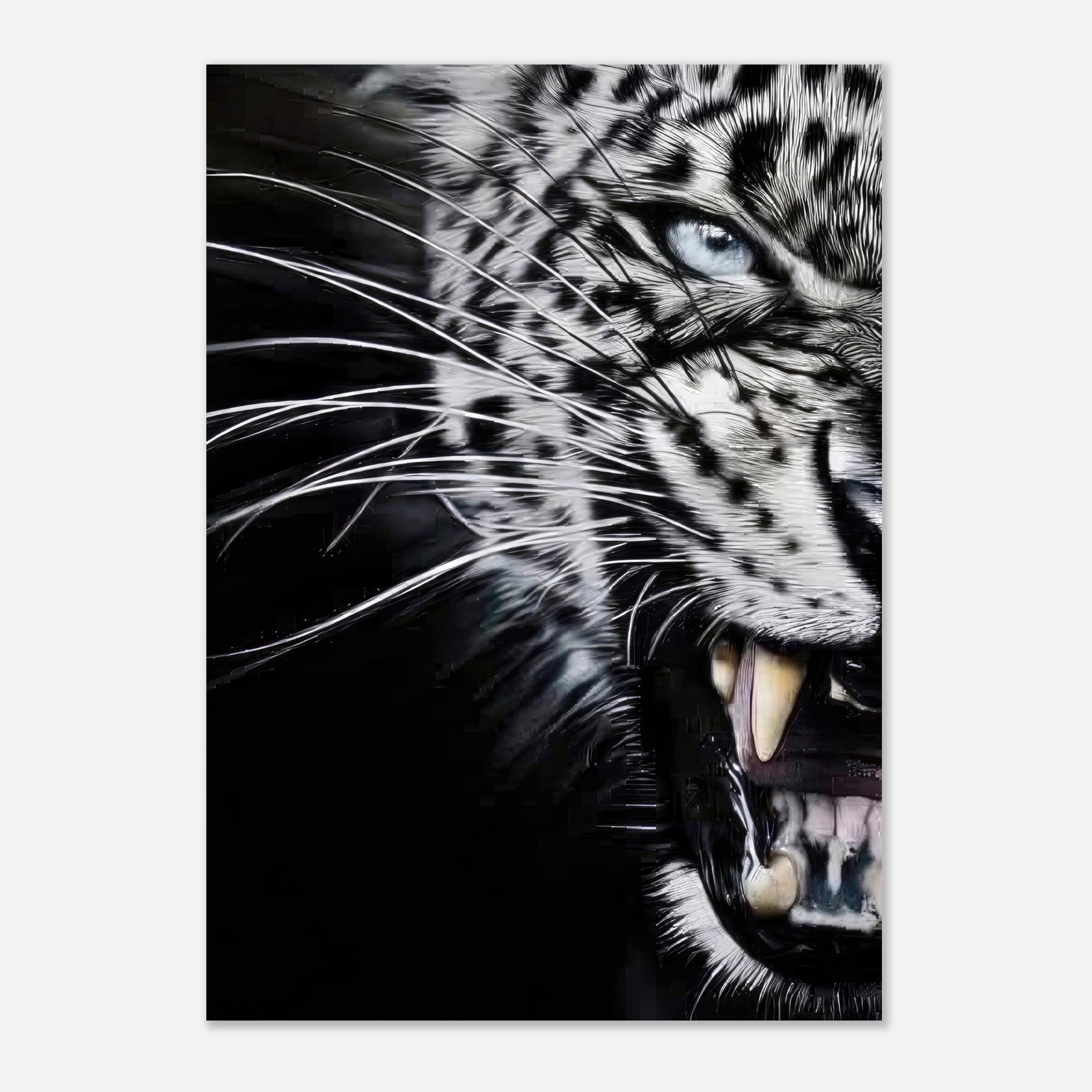 Close-up portrait of a fierce leopard showing piercing eyes and sharp fangs against a black background.