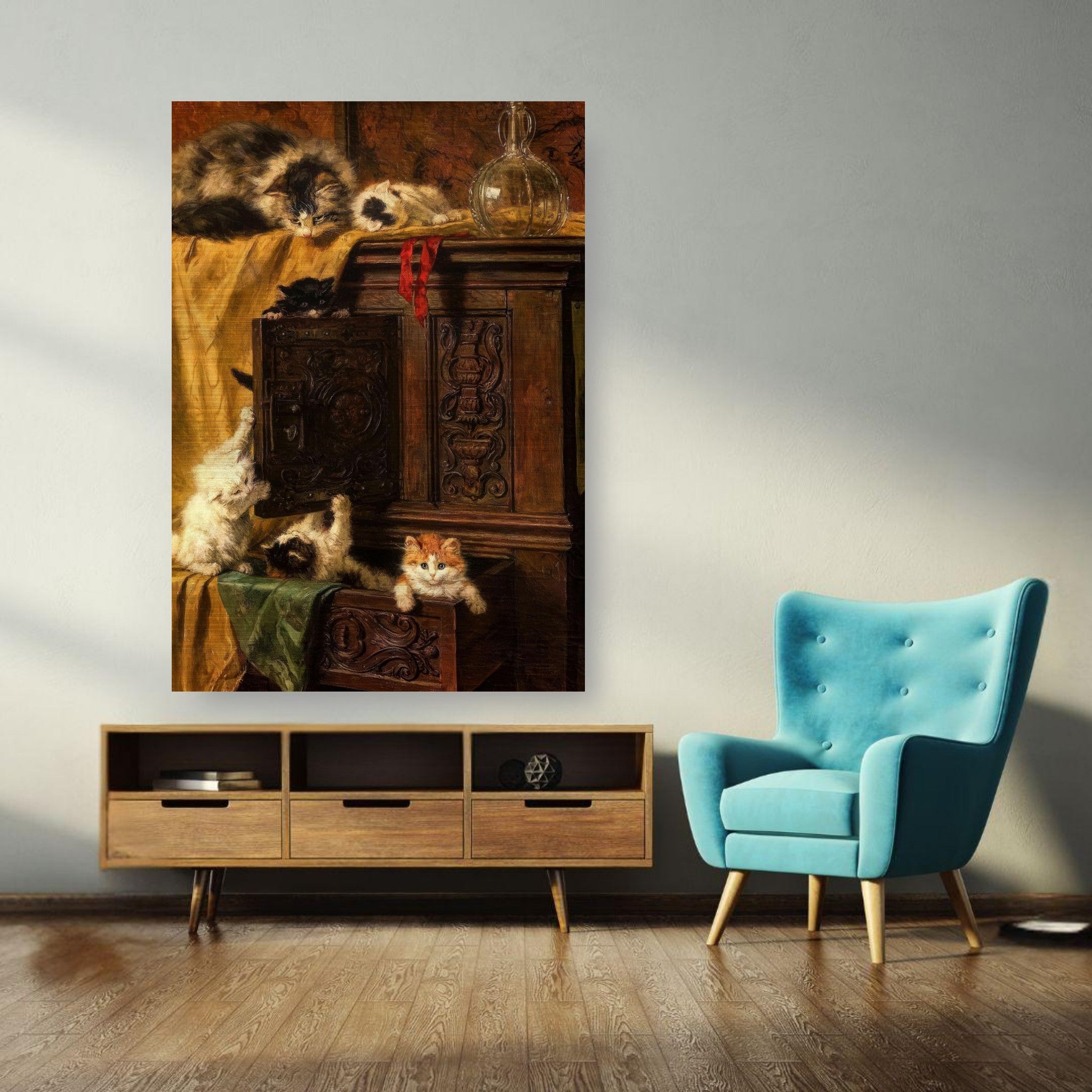 Vintage cat painting on brushed metal, showcasing playful kittens in a cozy home setting.