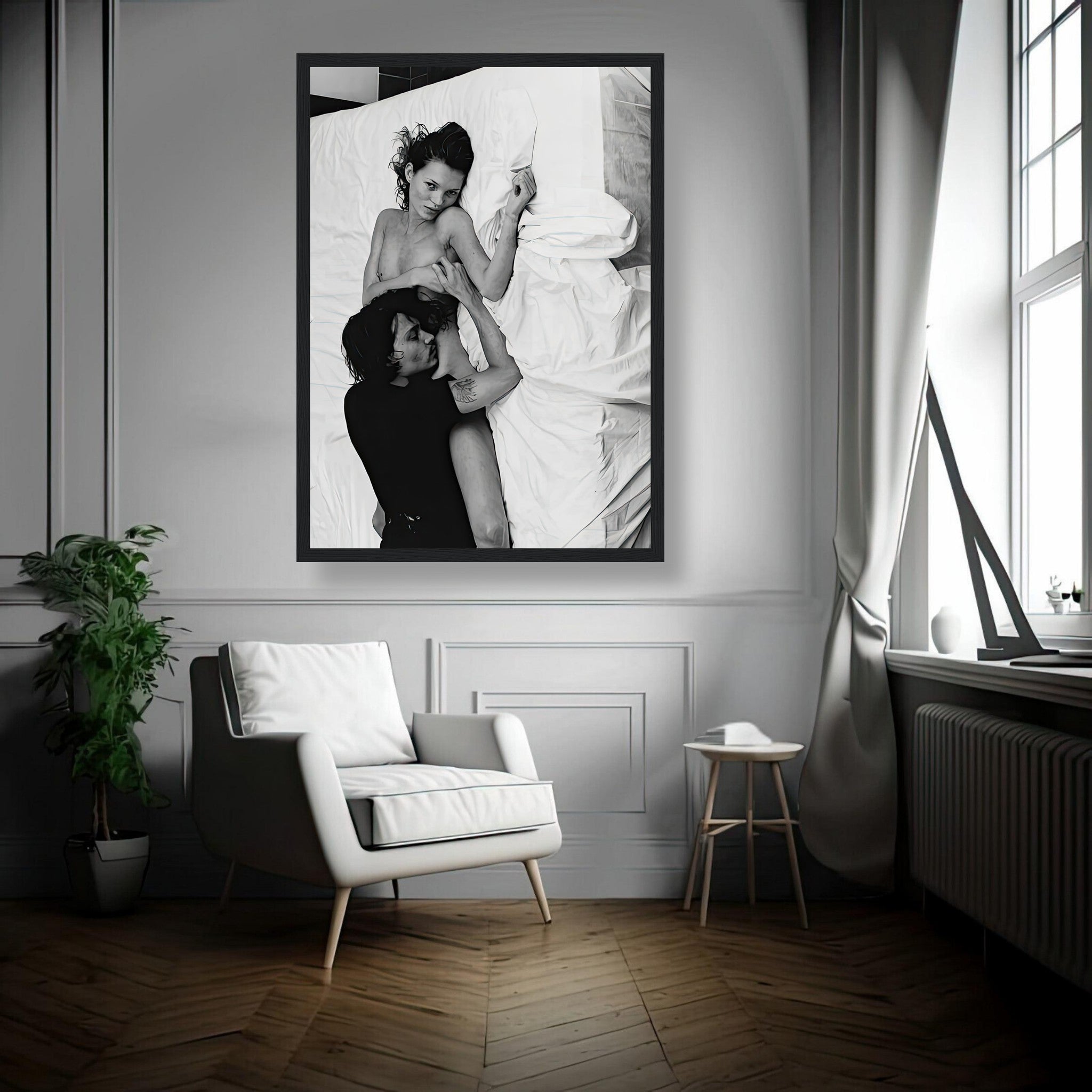 Framed print of Kate Moss and Johnny Depp, 1994, showcasing iconic black-and-white photography in a stylish interior.