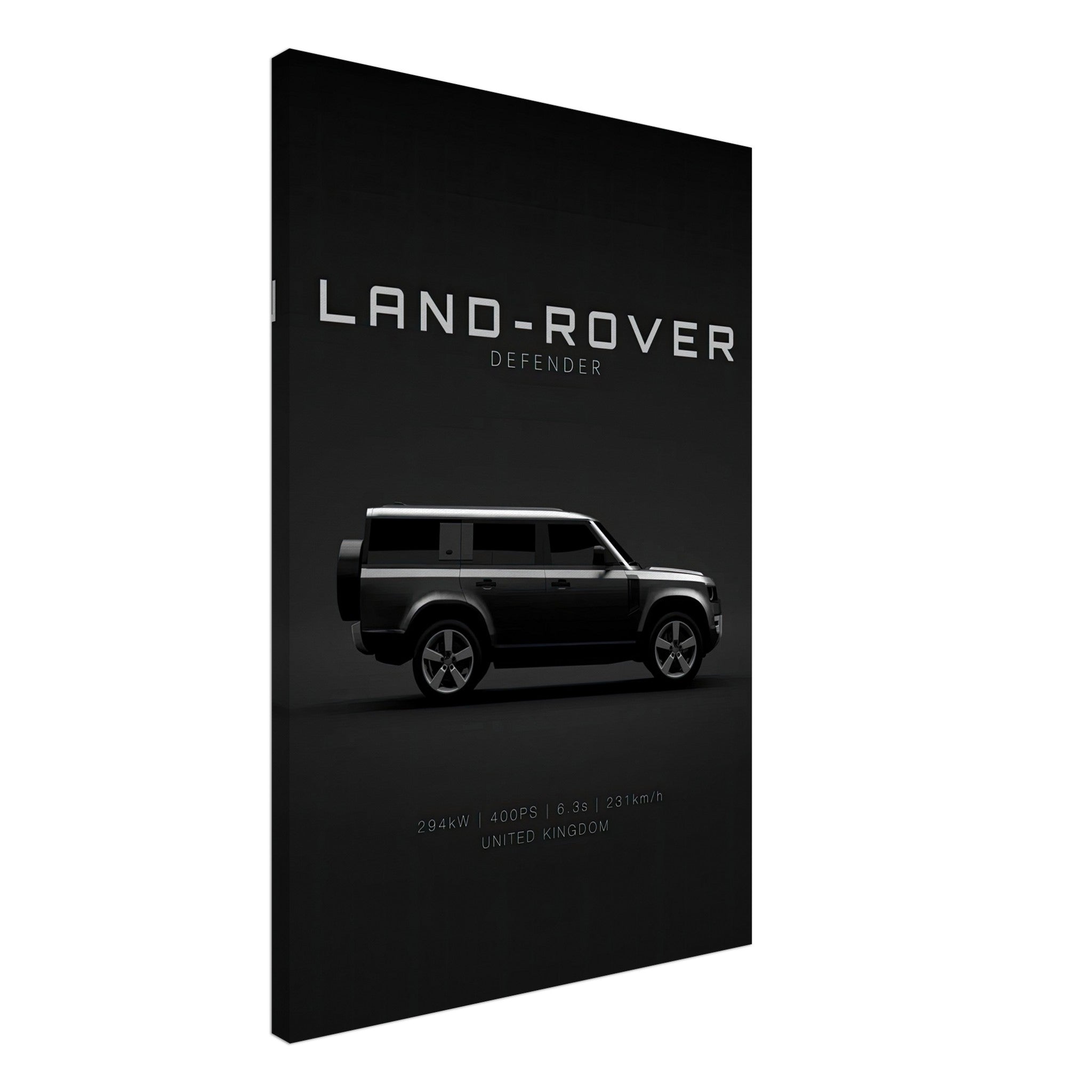 Land Rover Defender canvas art featuring a sleek side profile on a minimalist black background.