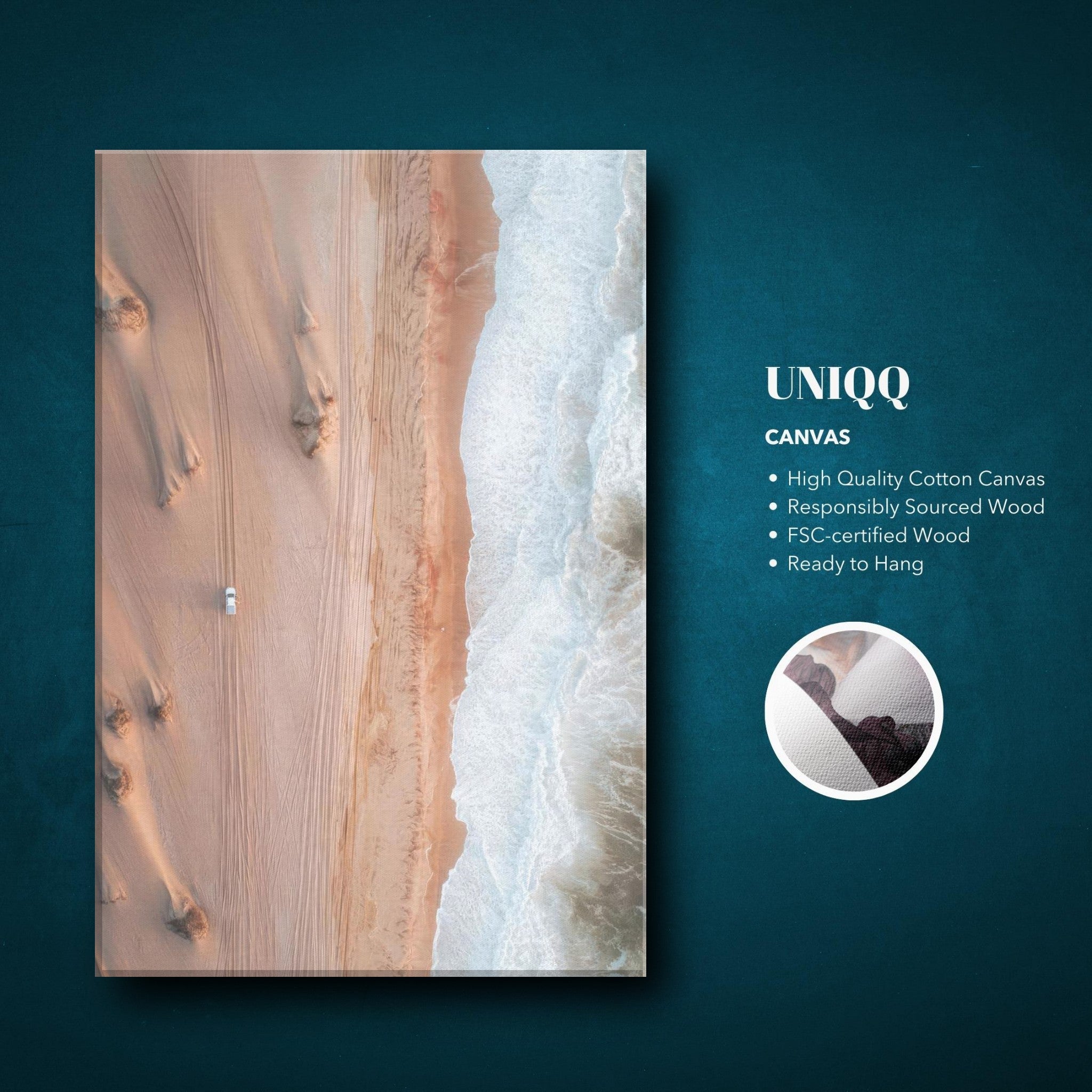 Where Desert Meets Ocean drone photography canvas print showcasing sand dunes and ocean waves.