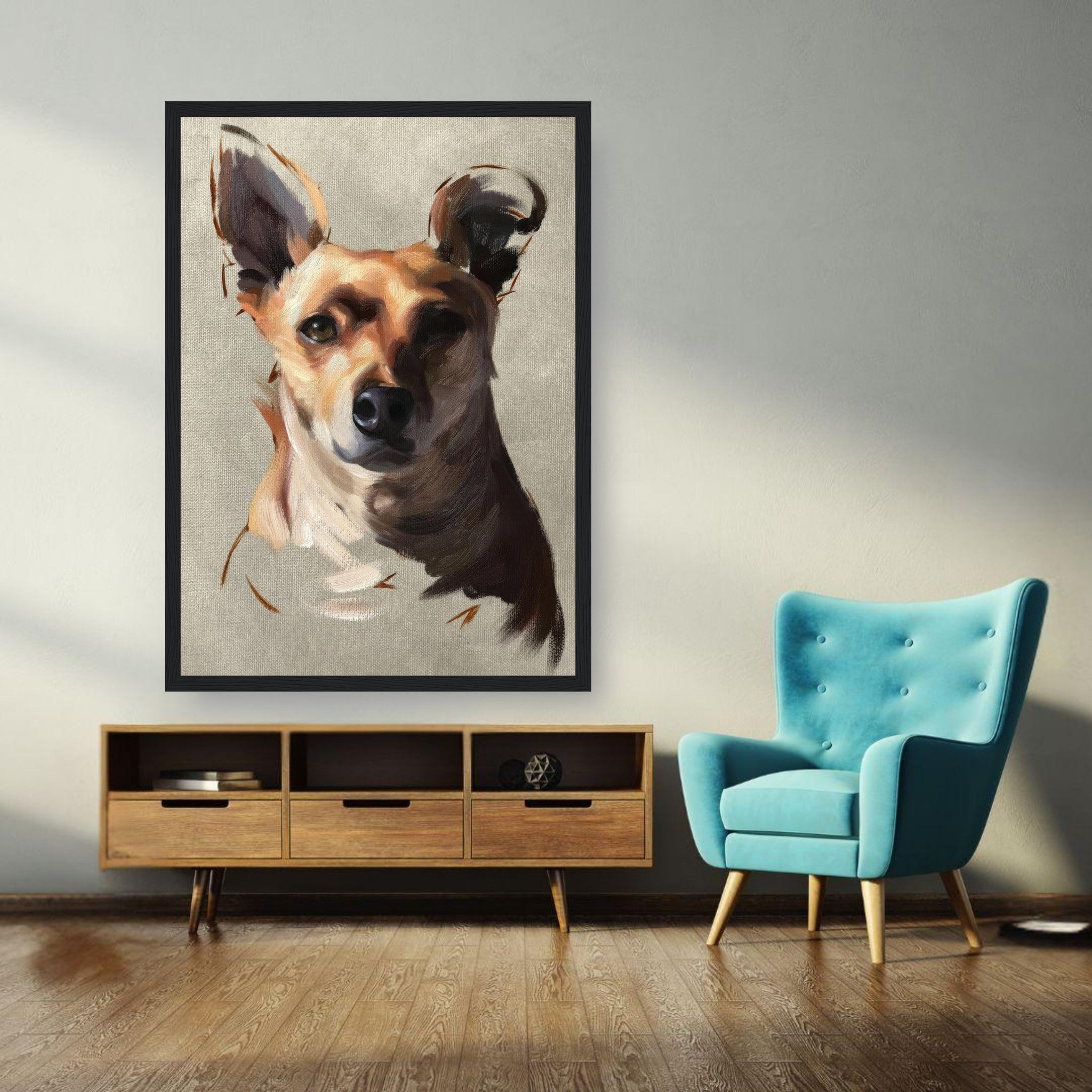 Chihuahua dog painting framed print displayed in a modern living room with a teal chair and wooden furniture.