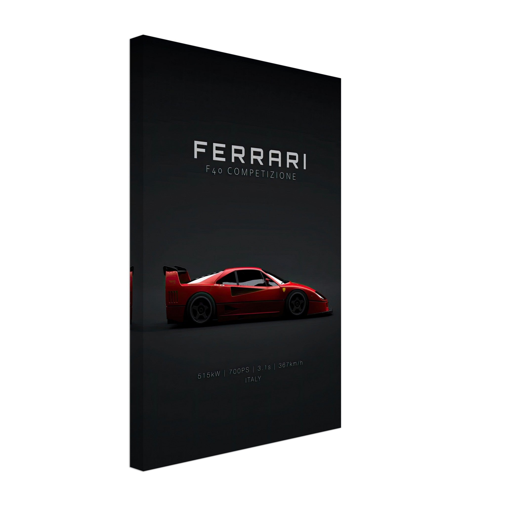 Ferrari F40 Competizione canvas art featuring a sleek red supercar silhouette on a black background.