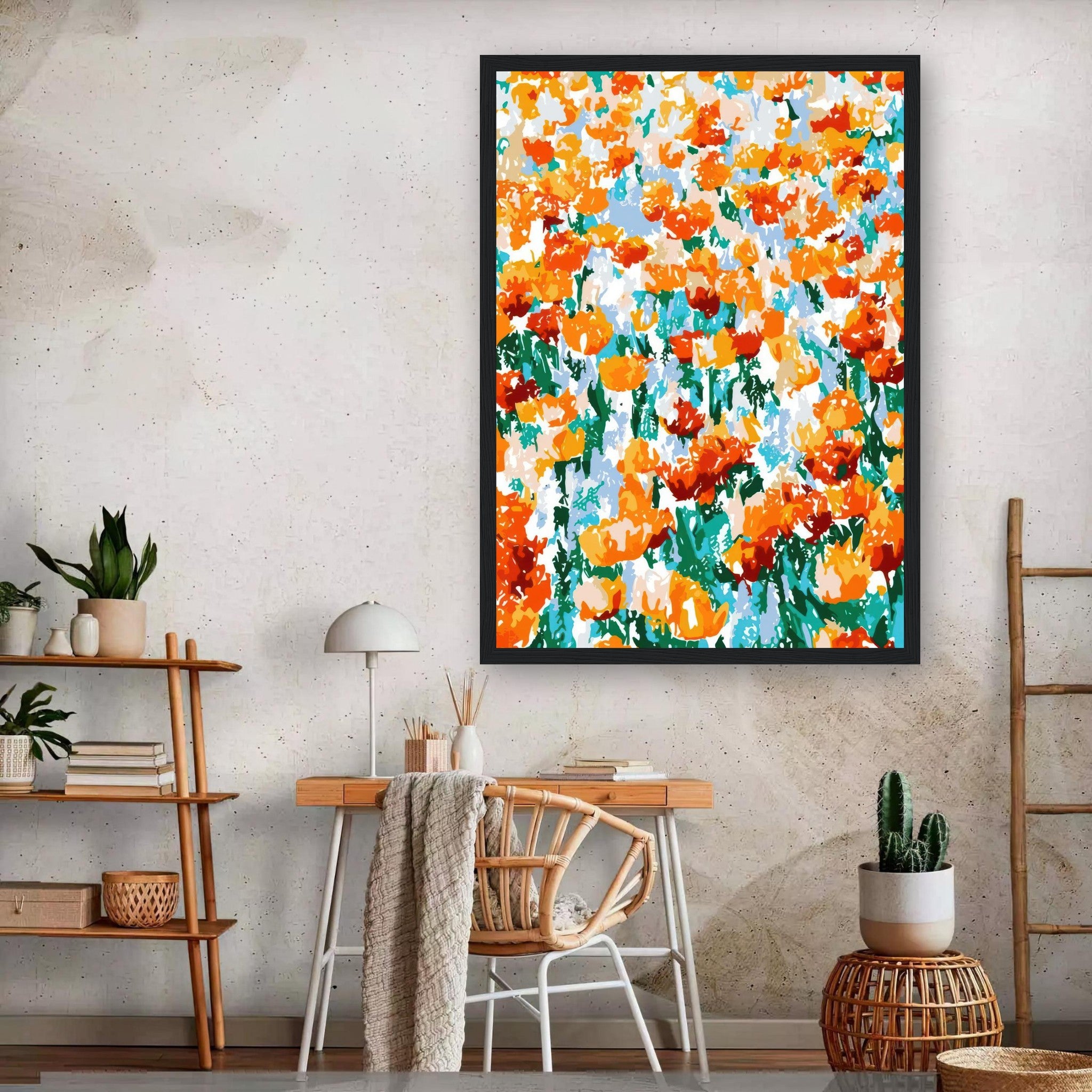 Vibrant abstract floral tulip garden framed print in a modern interior setting.