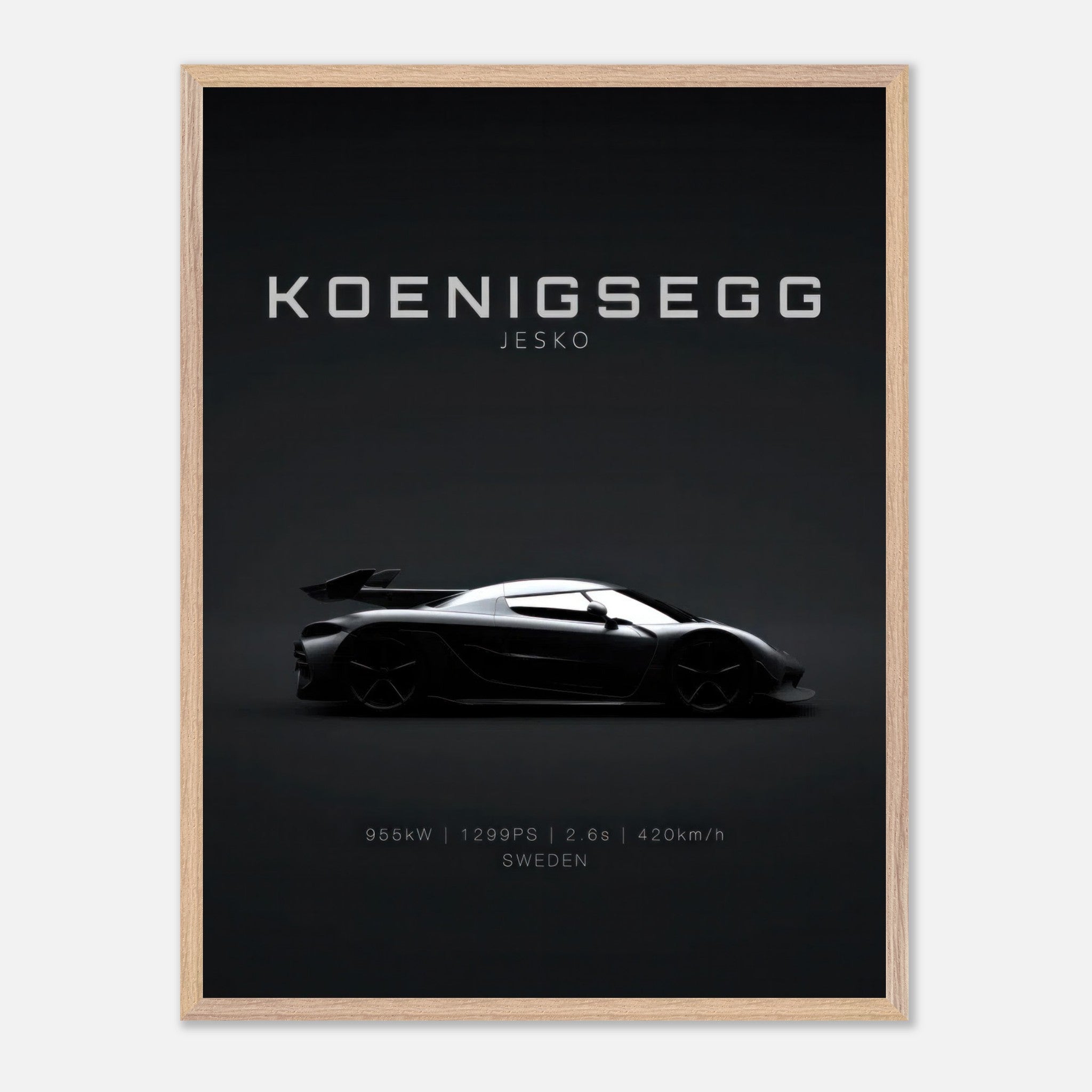 Koenigsegg Jesko vintage framed art showcasing sleek hypercar design against a minimalist black background.