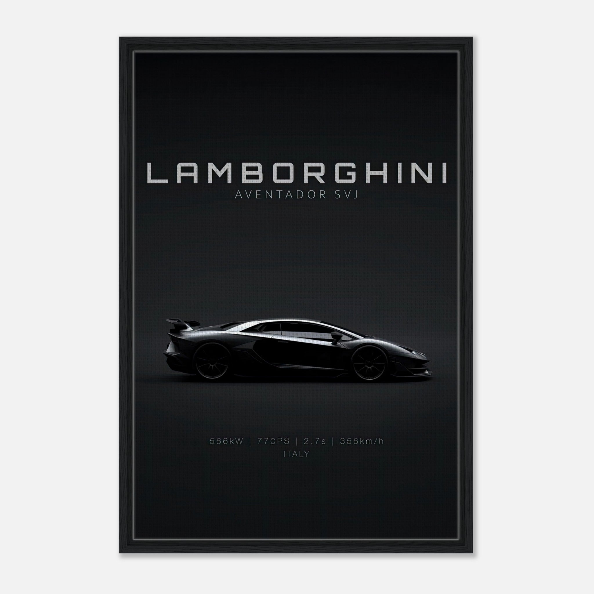 Lamborghini Aventador SVJ Framed Canvas showcasing sleek design and specs on a sleek black backdrop.