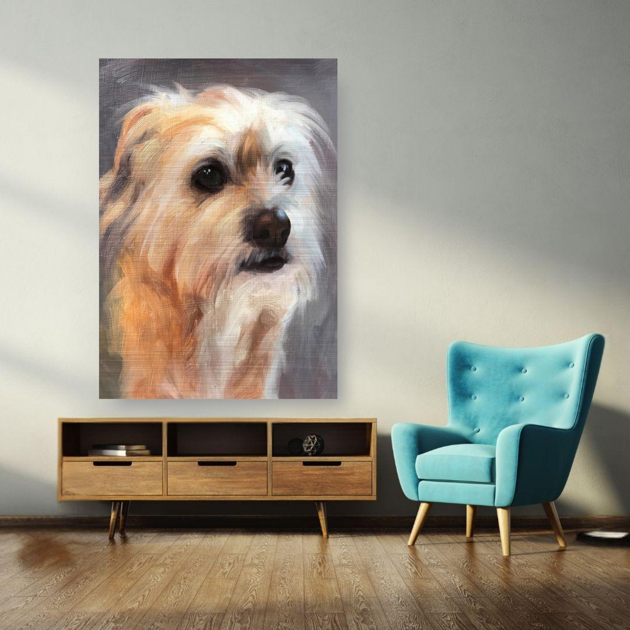 Terrier dog painting on brushed metal, highlighting the dog's expressive eyes and textured fur.