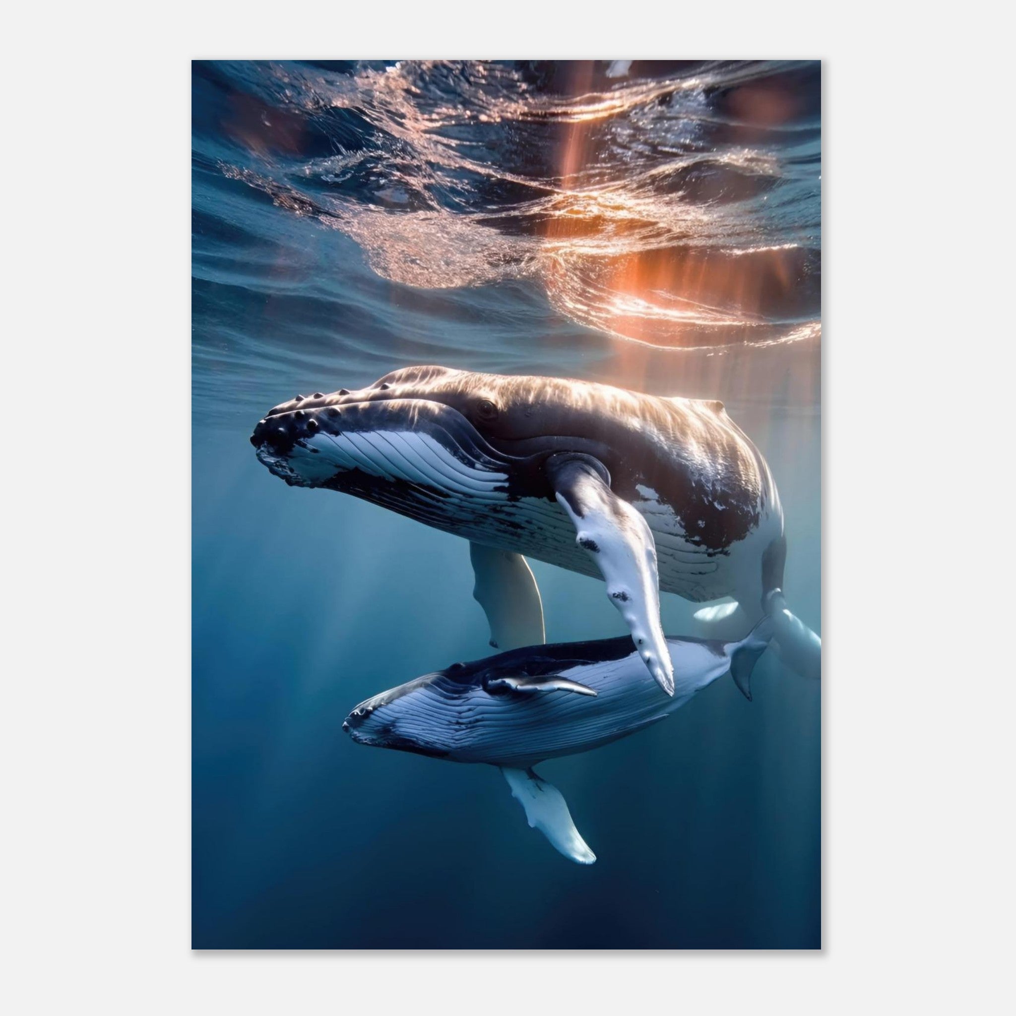Underwater photograph of a mother humpback whale and her calf swimming gracefully in blue waters.