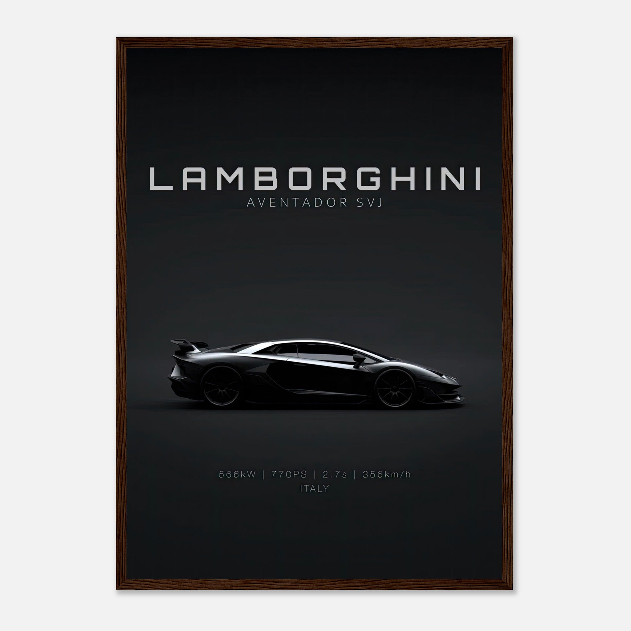 Lamborghini Aventador SVJ framed poster showcasing its sleek design and aerodynamic profile.