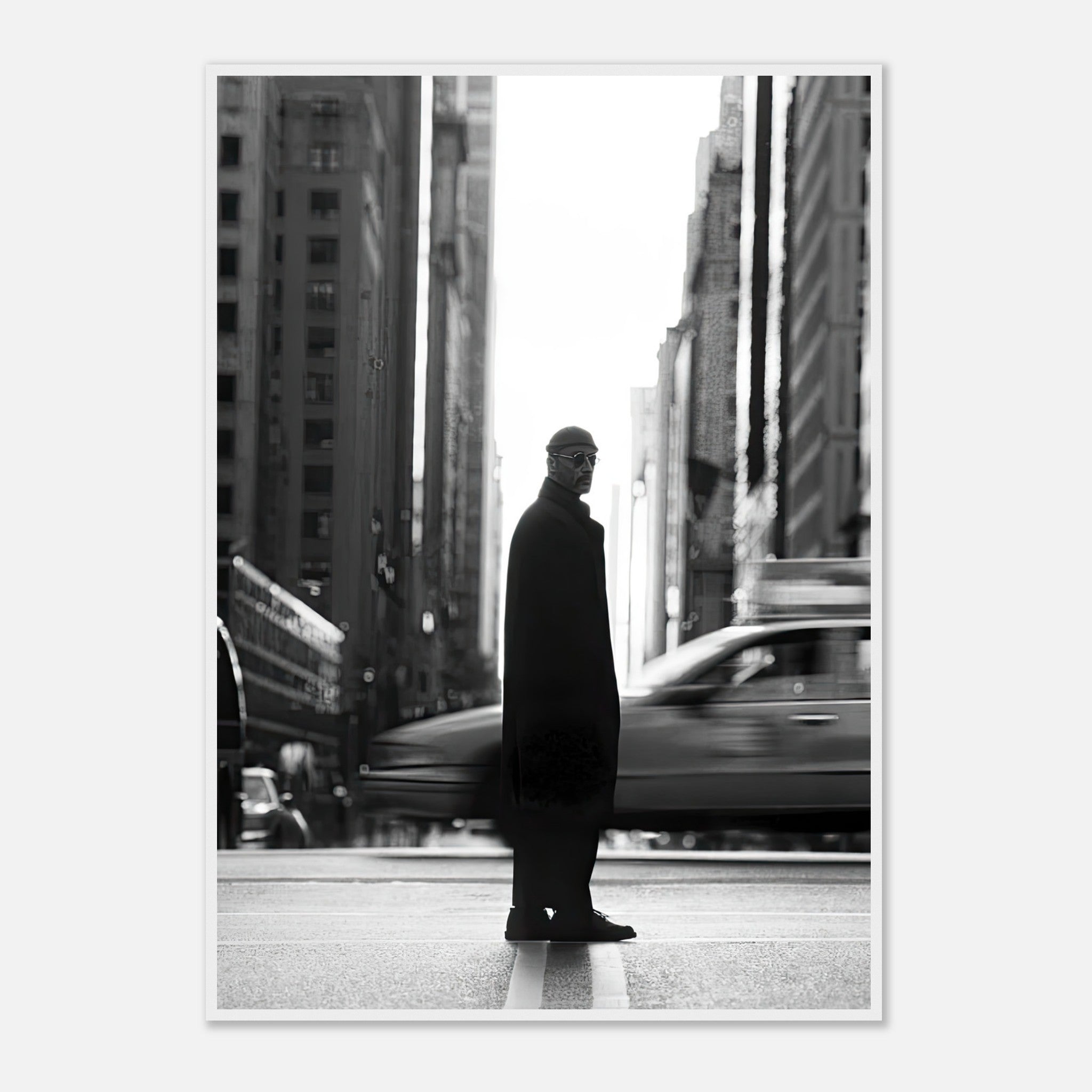 Black-and-white framed print of Jean Reno as Leon in New York, capturing a cinematic urban moment.