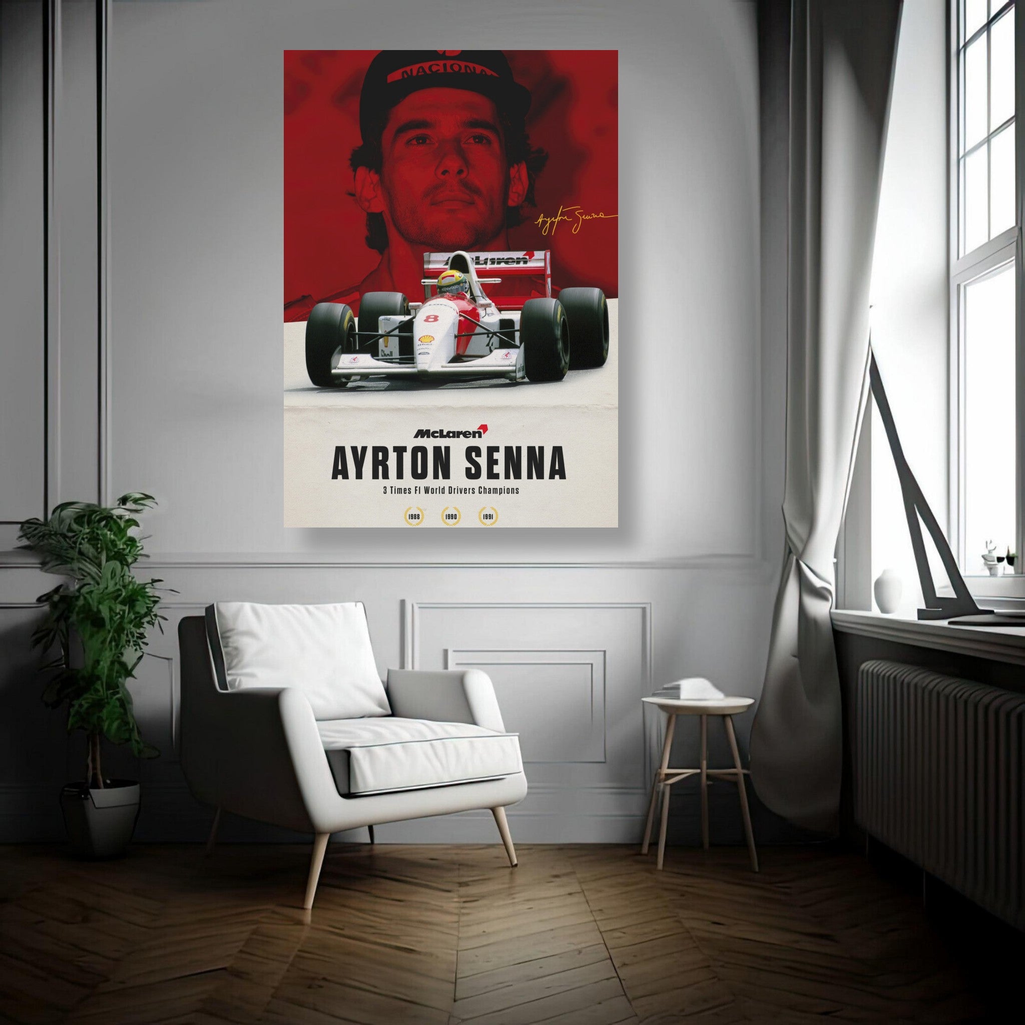 Ayrton Senna metal print featuring his iconic McLaren MP4/4, showcasing his legacy in motorsport.