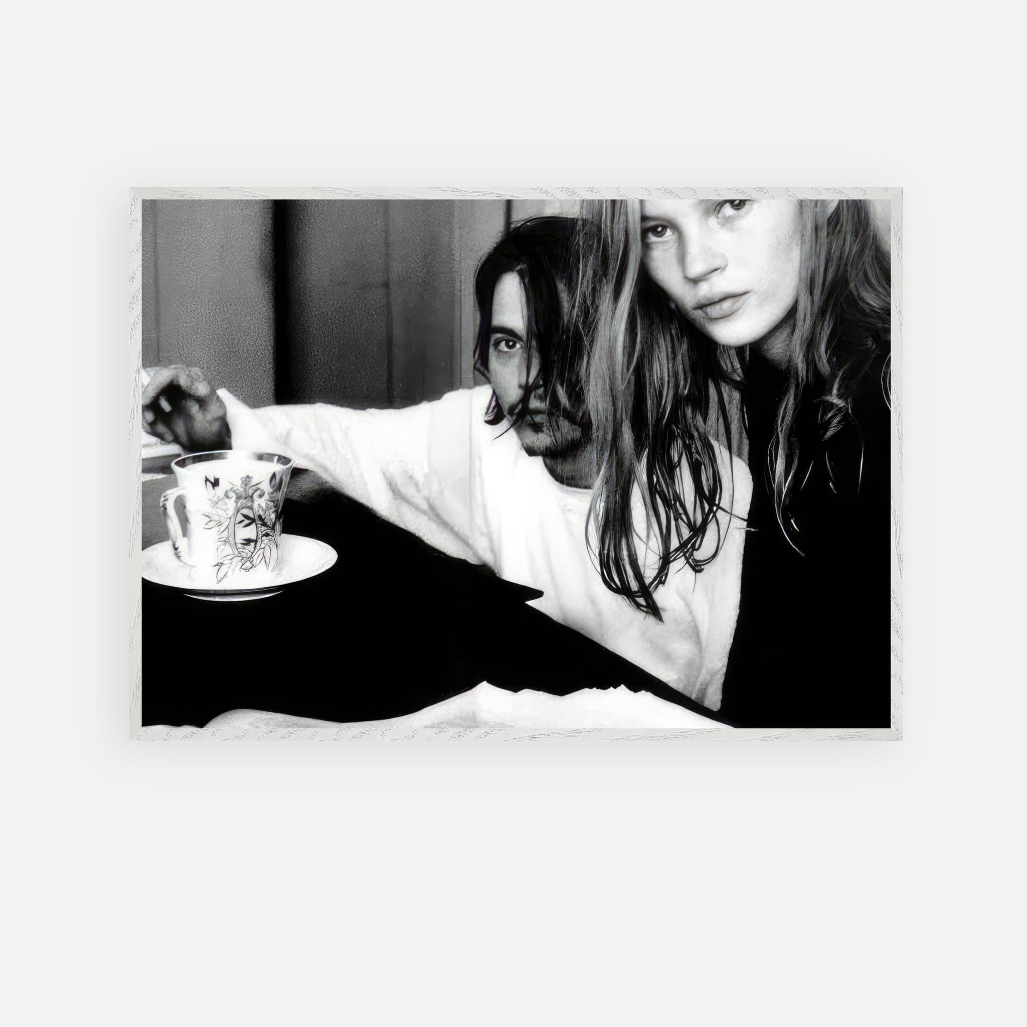 Rebel Romance fine art print of Johnny Depp and Kate Moss, capturing 90s rebellion and romance in black-and-white.