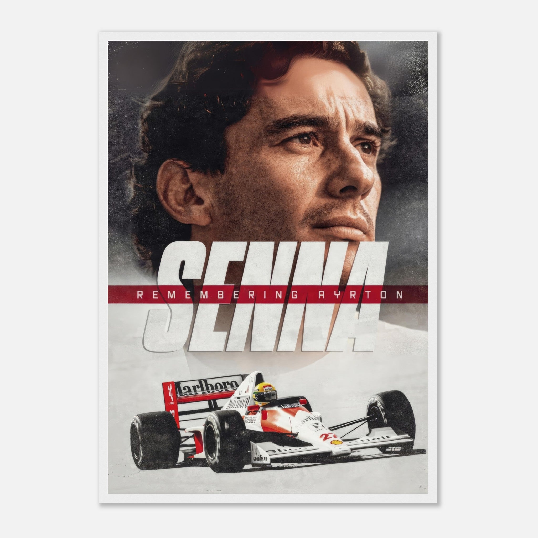 Ayrton Senna framed print featuring his iconic portrait and race car, celebrating the legacy of a Formula 1 legend.