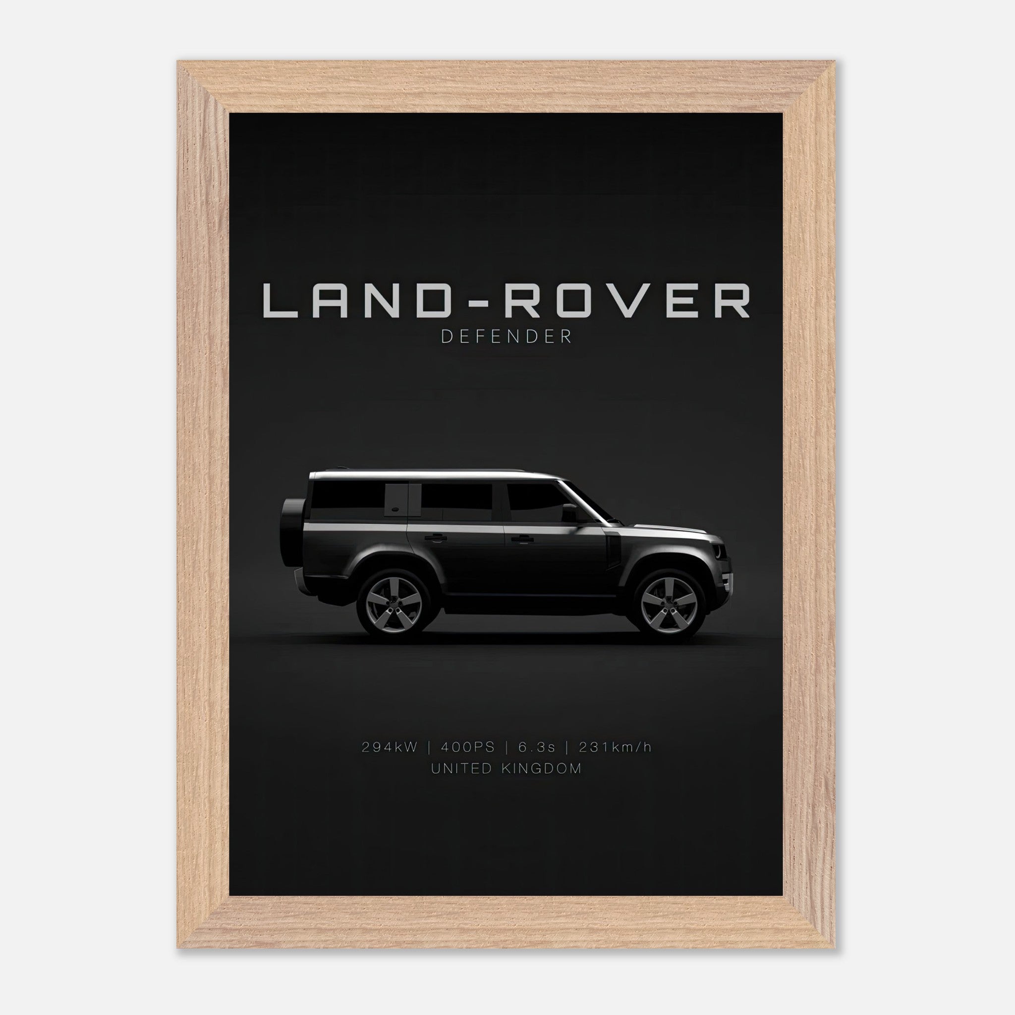 Land Rover Defender vintage framed art showcasing the iconic silhouette on a black background in a minimalist design.