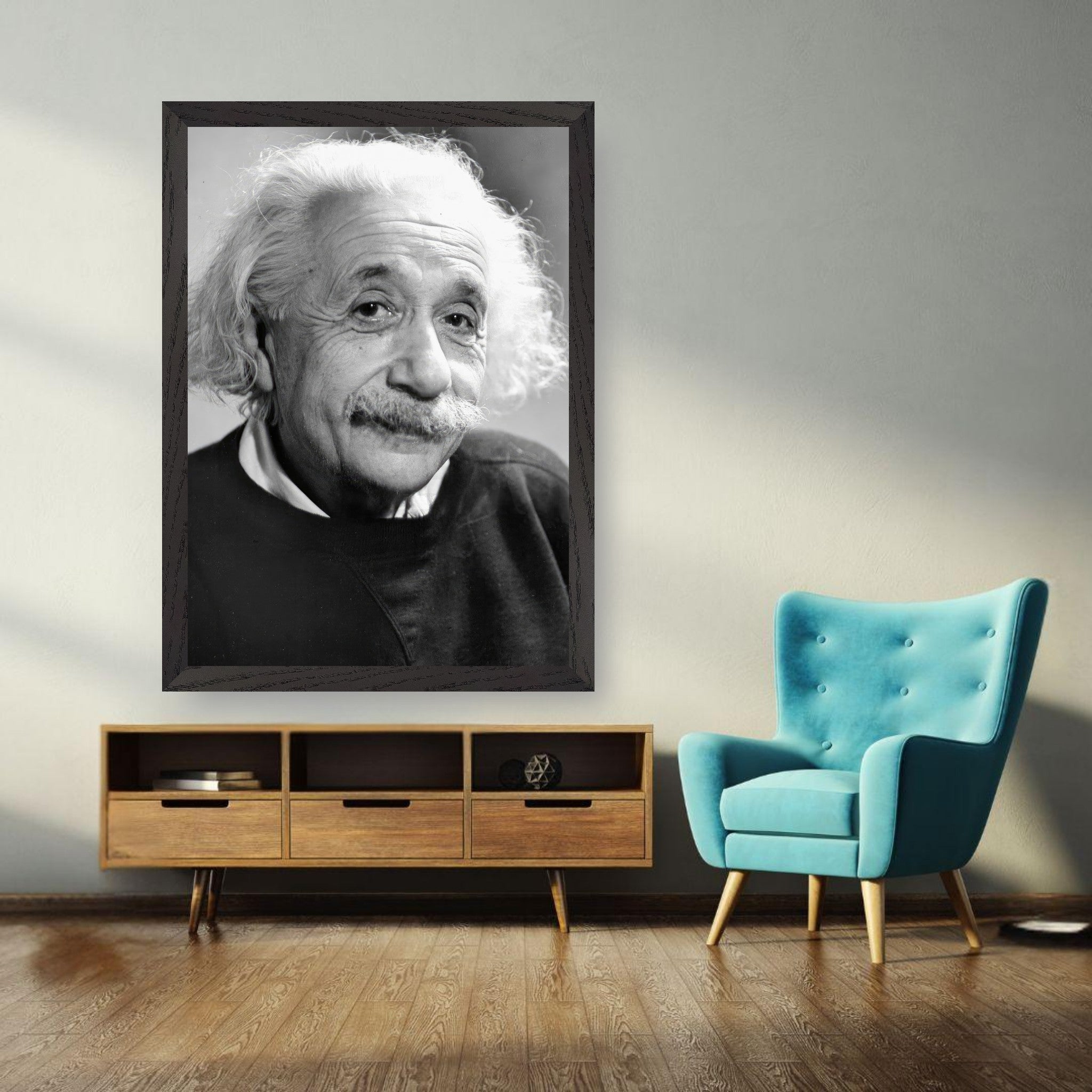 Black-and-white portrait of Albert Einstein, 1946, framed and displayed in a modern living room.