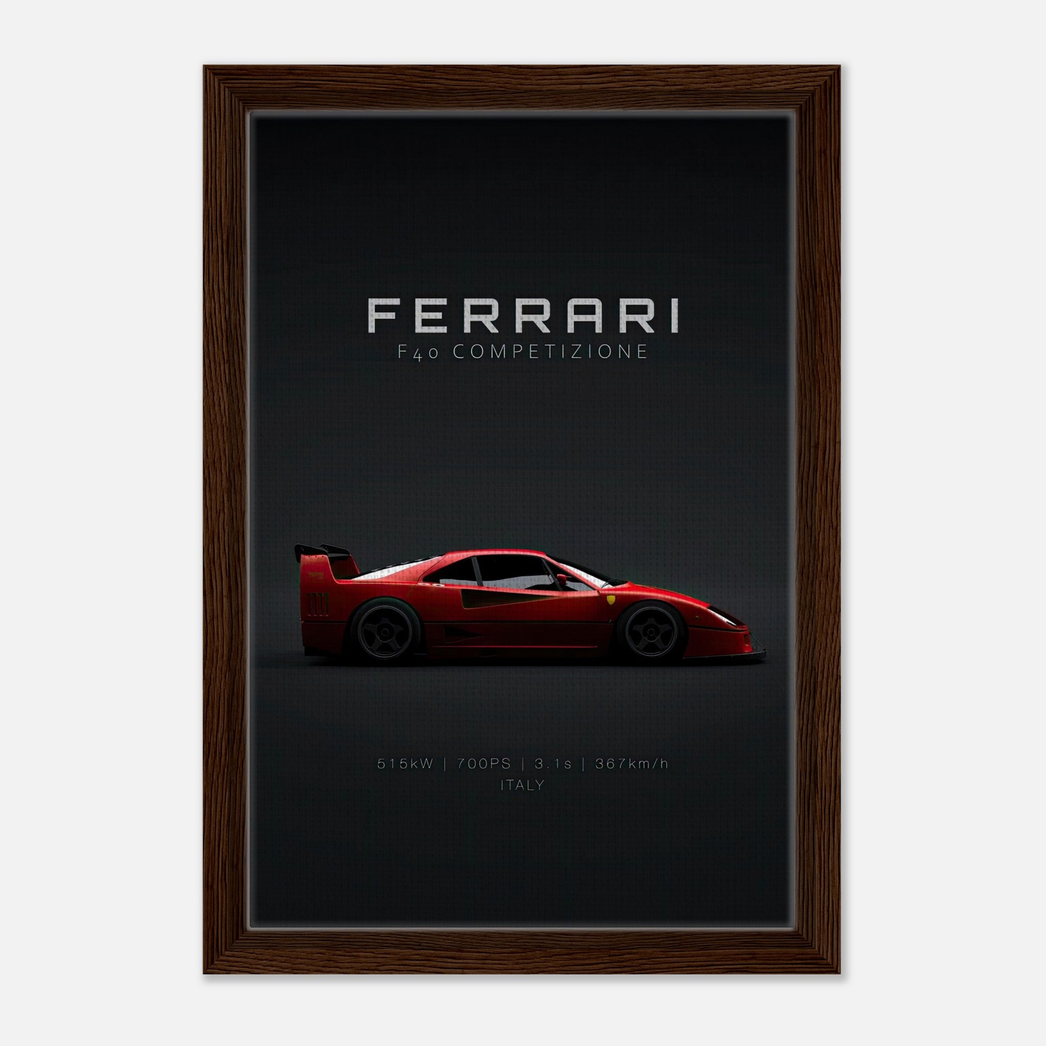 Ferrari F40 Competizione framed canvas artwork featuring red supercar on minimalist black background.