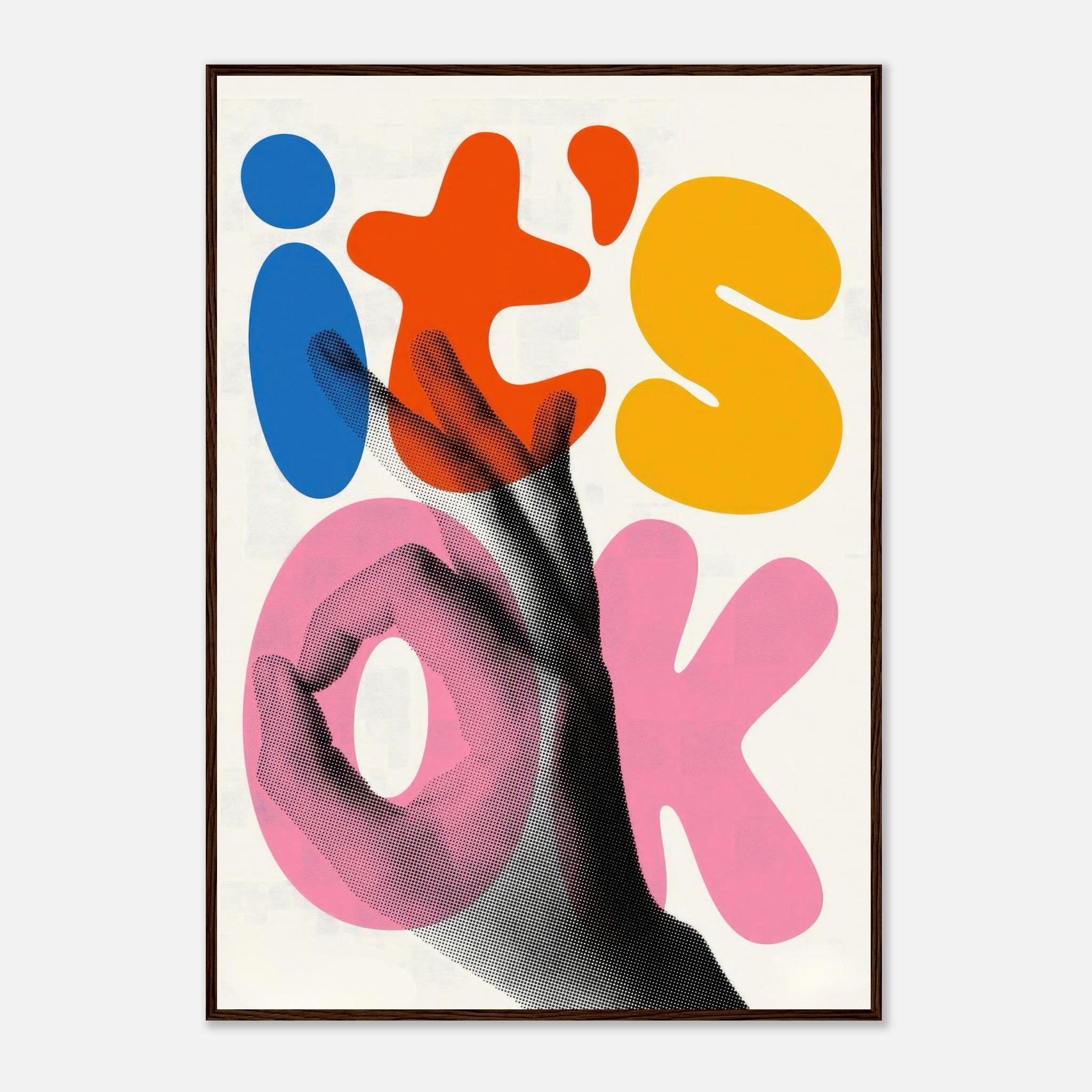 Retro abstract pop art framed print featuring a hand gesture and vibrant typography saying 'It's OK'.