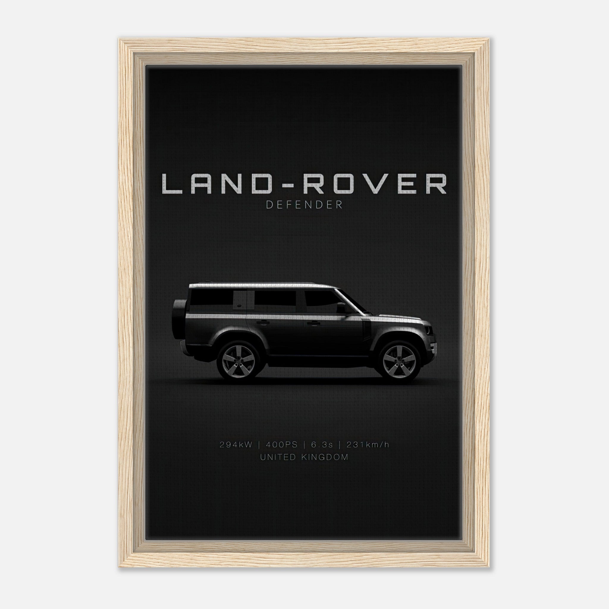 Framed canvas print of Land Rover Defender on black backdrop, showcasing style and adventure.