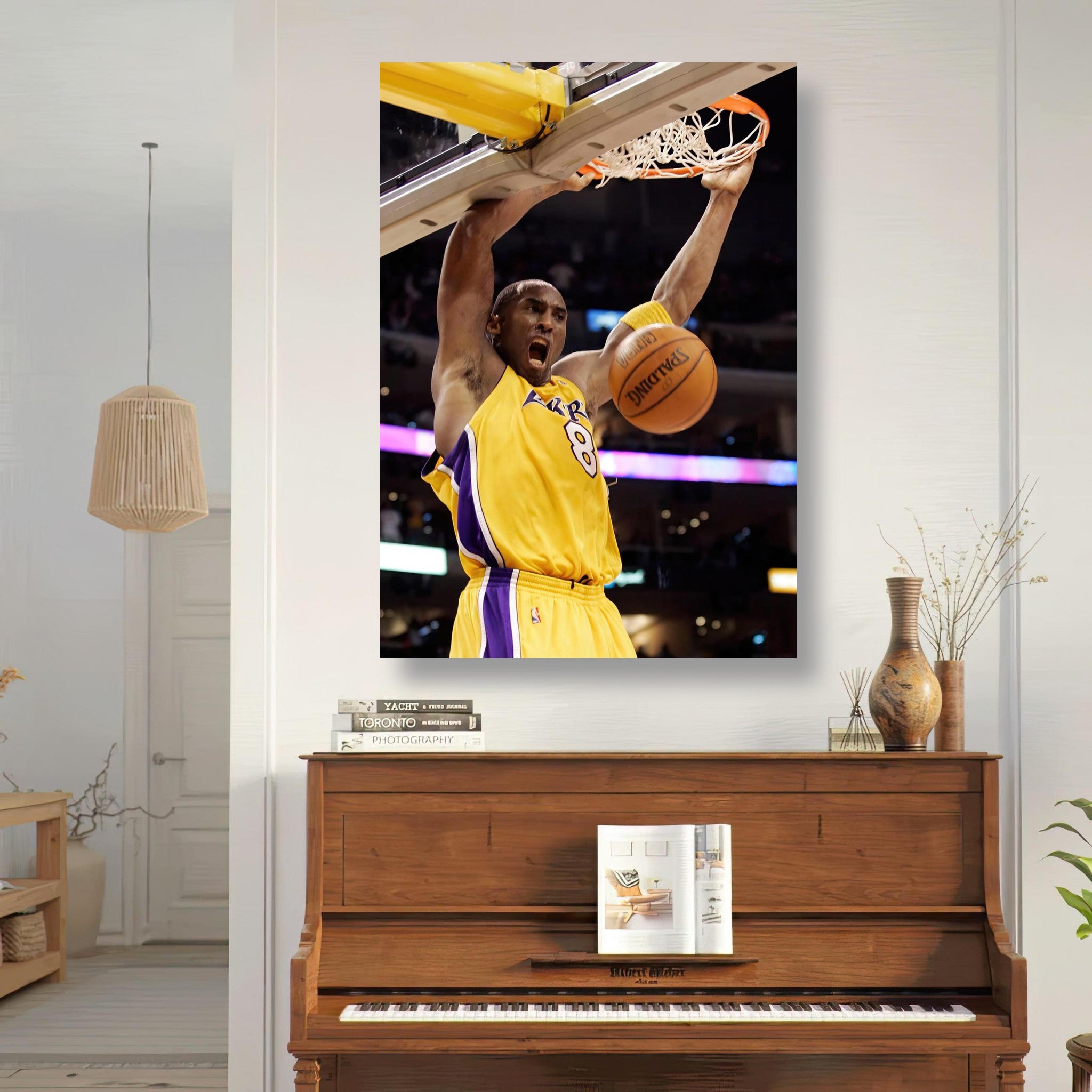 Kobe Bryant's iconic slam dunk captured in a high-definition metal print, showcasing his athleticism and passion for basketball.