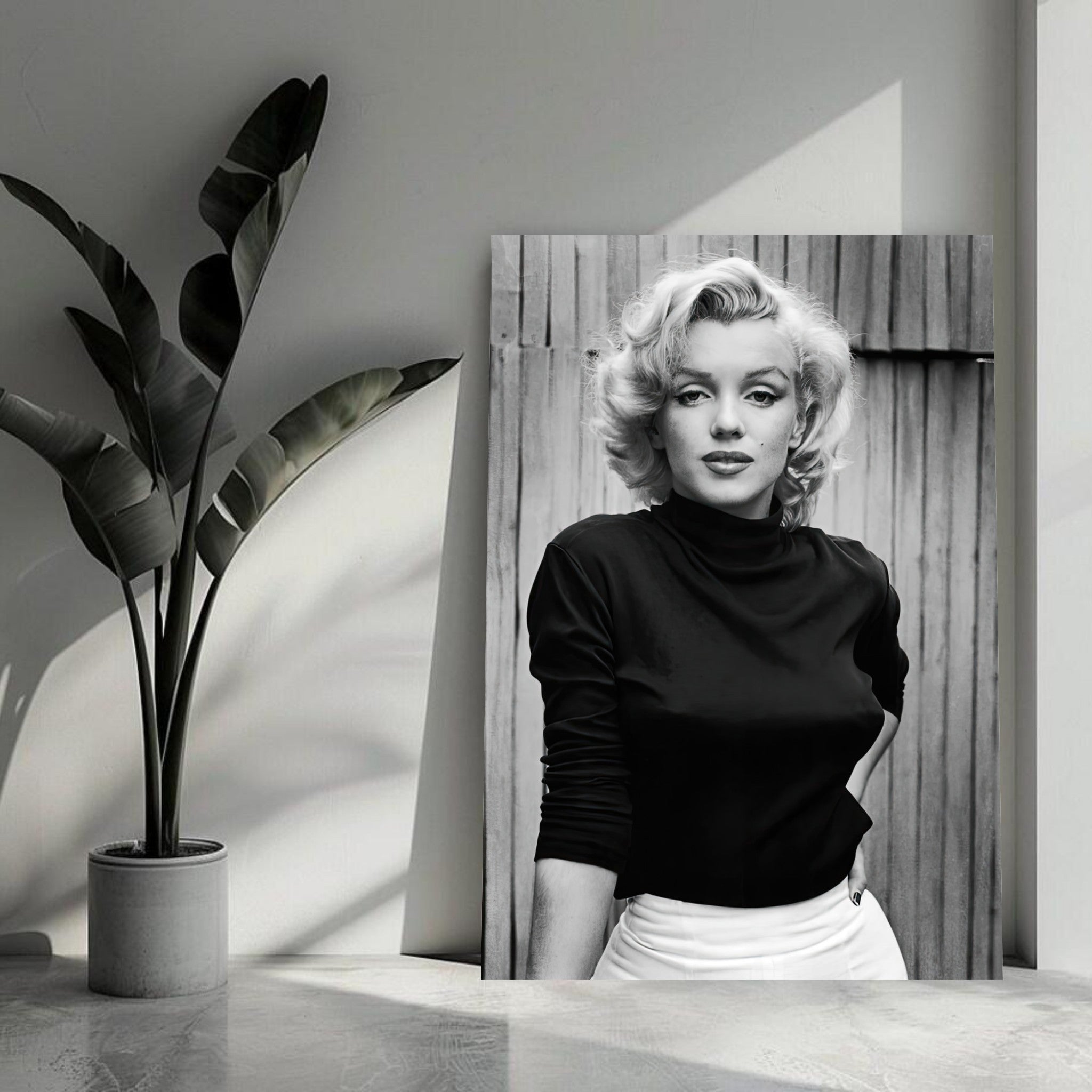 Marilyn Monroe portrait metal print showcasing her iconic pose in a modern interior setting with stylish decor.