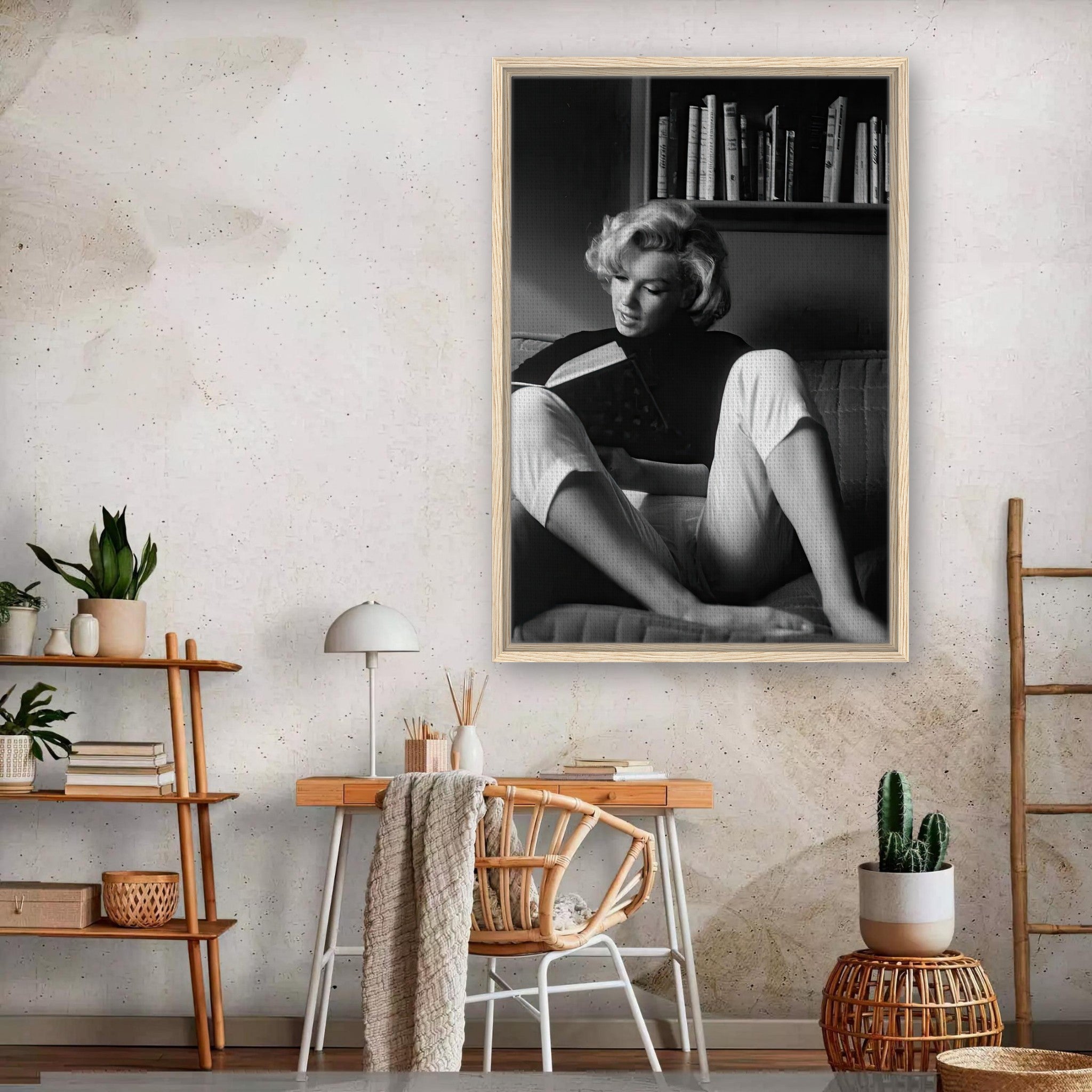 Marilyn Monroe reading at home framed canvas print in black and white, elegant vintage decor for interior design.