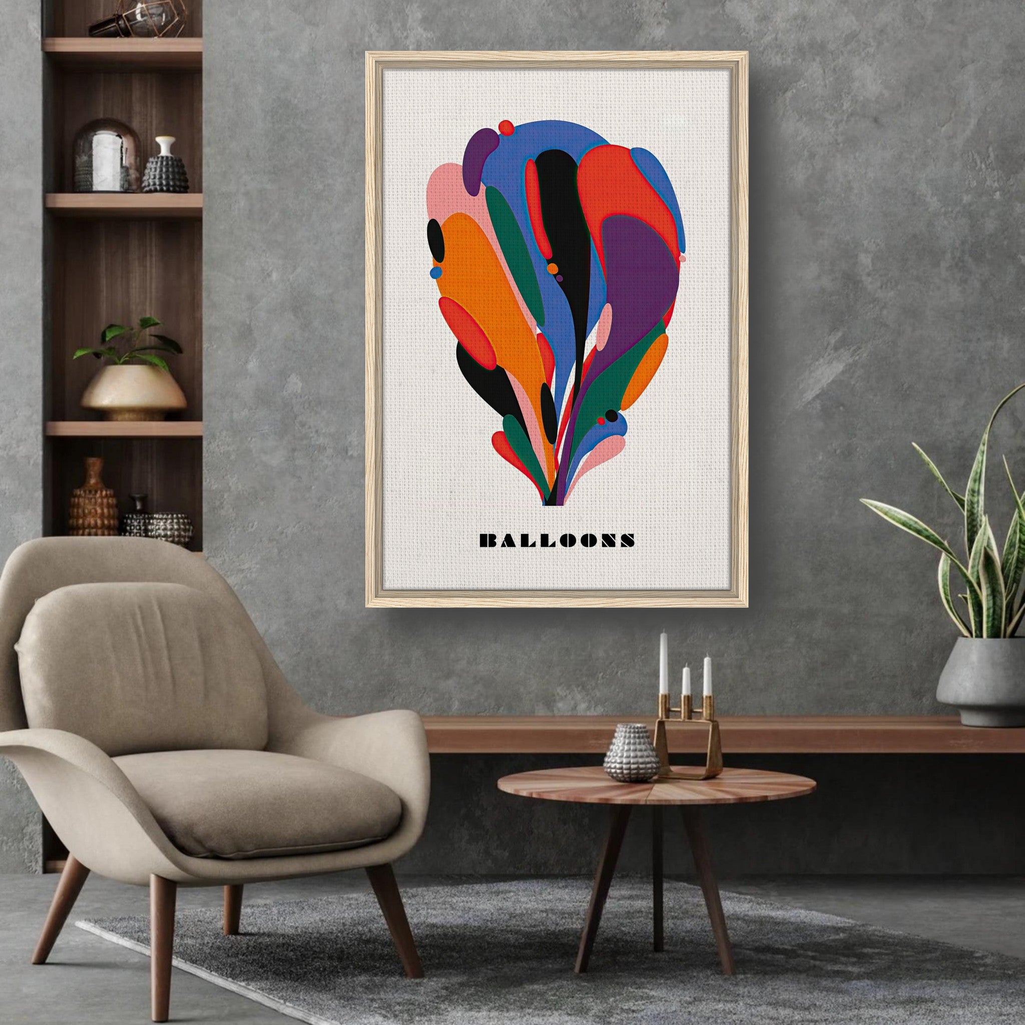 Abstract Balloon Art framed canvas print in vibrant colors, displayed in a modern living room setting.