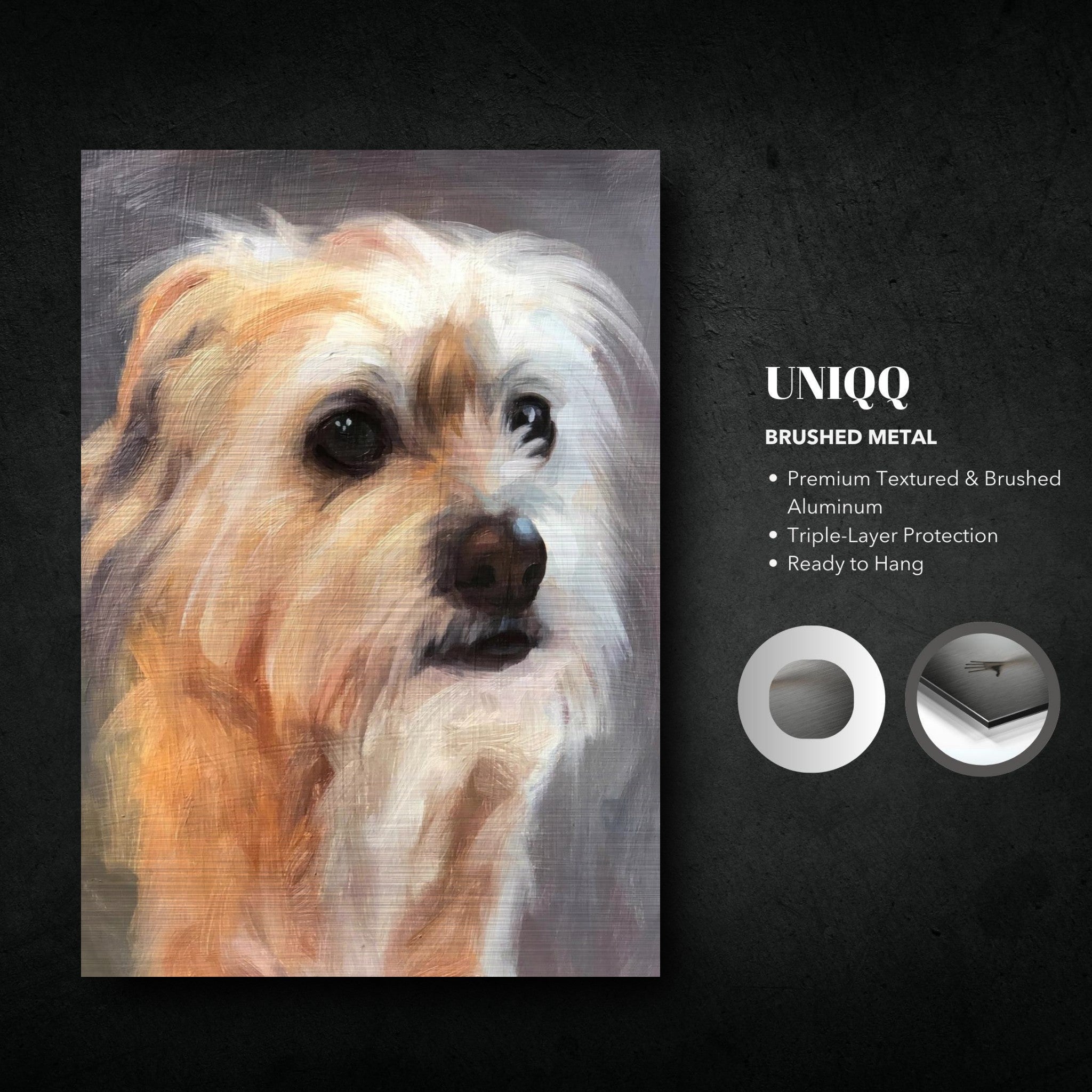 Terrier dog painting on brushed metal with intricate details and vibrant colors, ready to hang.