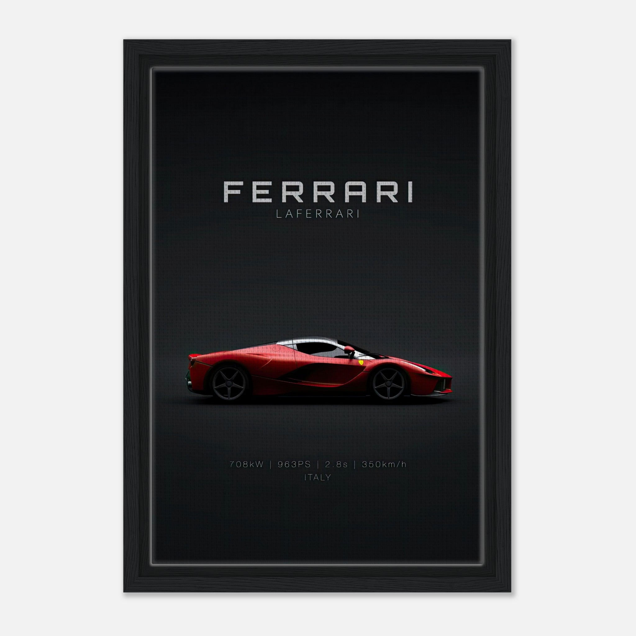 Framed canvas of Ferrari LaFerrari showcasing its sleek design against a black background, perfect for car enthusiasts.