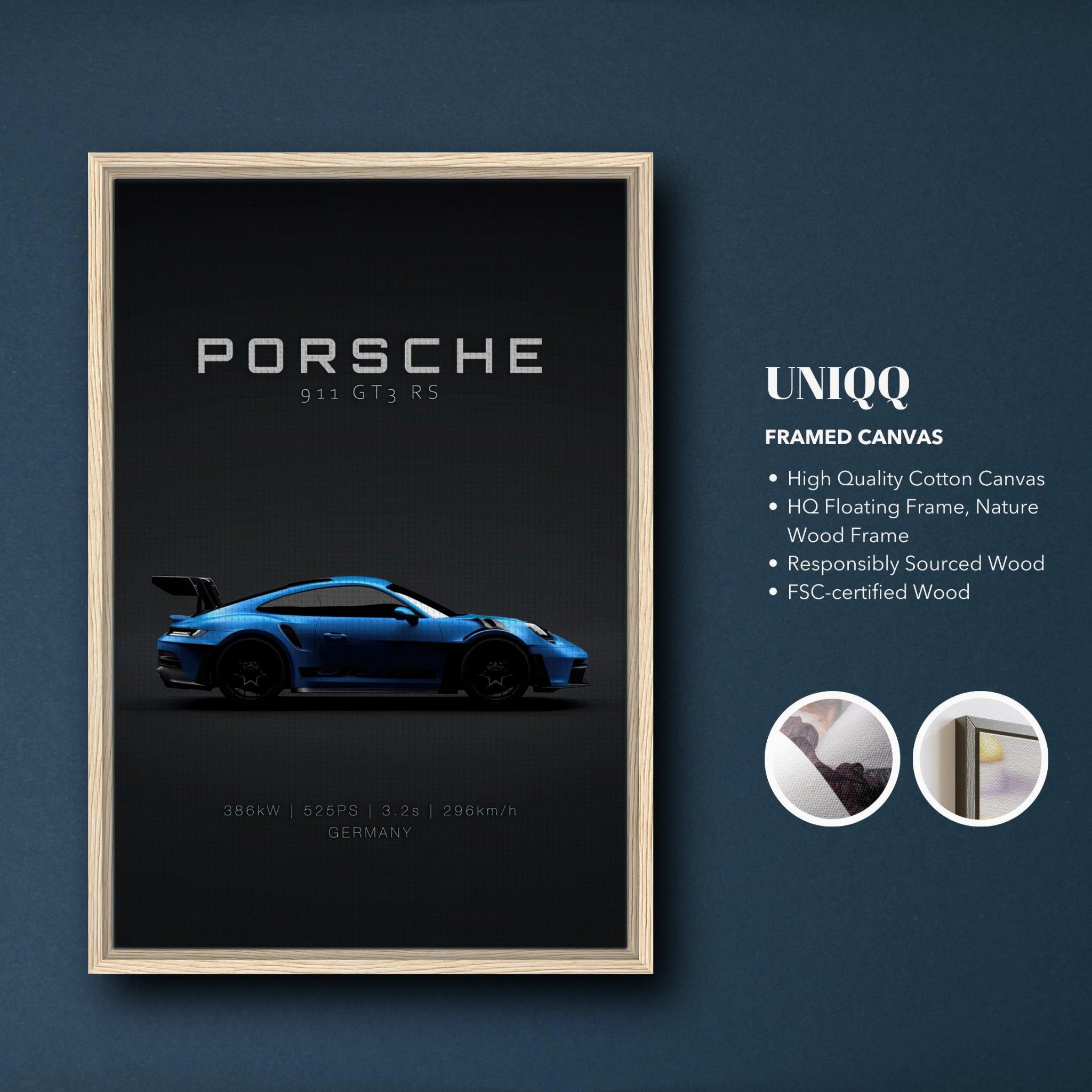 Porsche 911 GT3 RS Framed Canvas Print showcasing vibrant blue car against black background.
